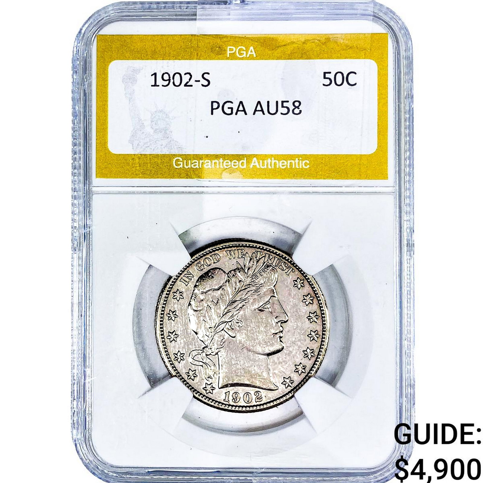 1902-S Barber Half Dollar PGA AU58: 1902-S Barber Half Dollar PGA AU58