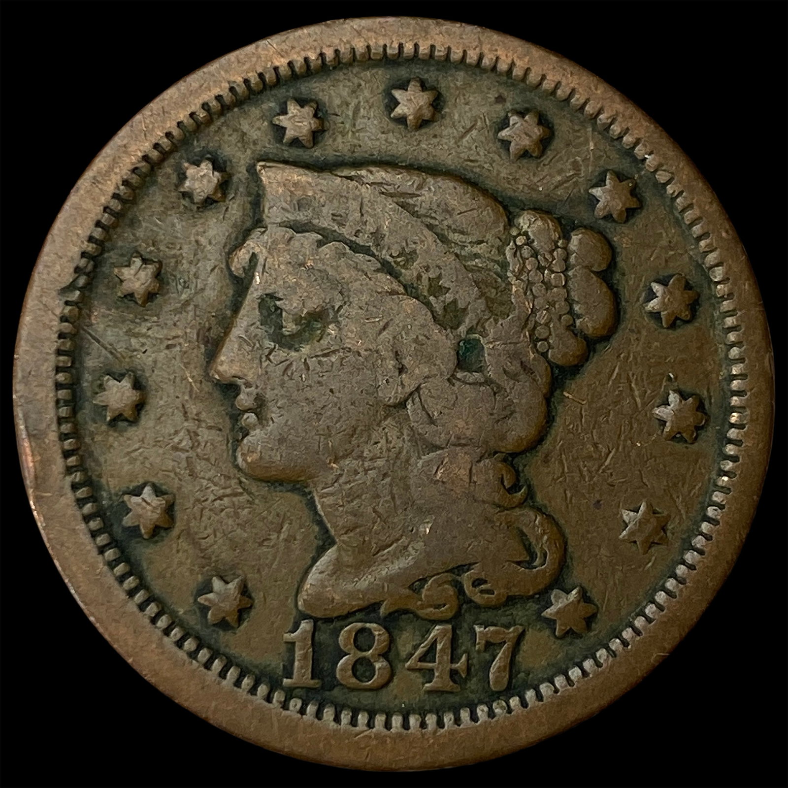 1847 Braided Hair Large Cent NICELY CIRCULATED: 1847 Braided Hair Large Cent NICELY CIRCULATED