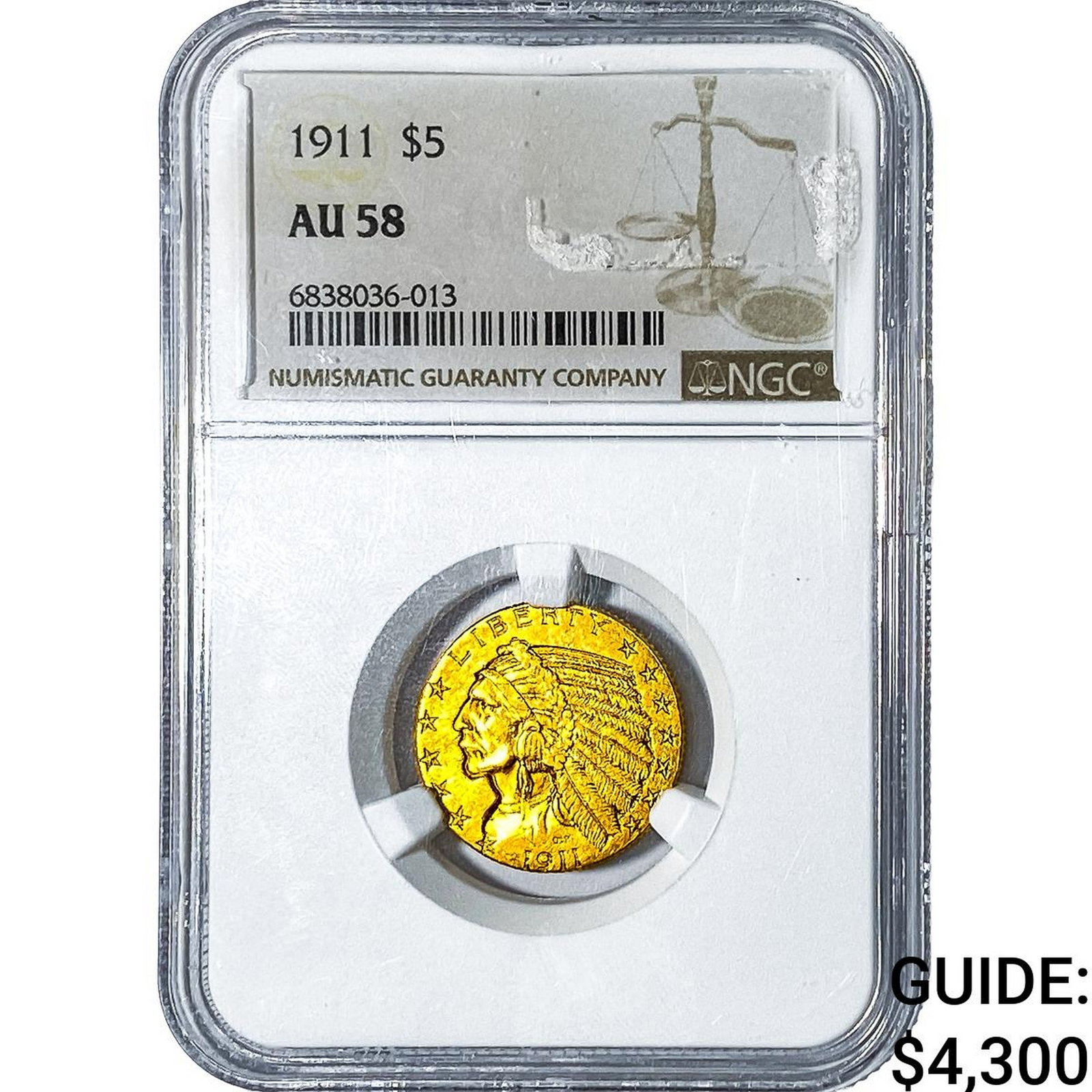 1911 $5 Gold Half Eagle NGC AU58: 1911 $5 Gold Half Eagle NGC AU58