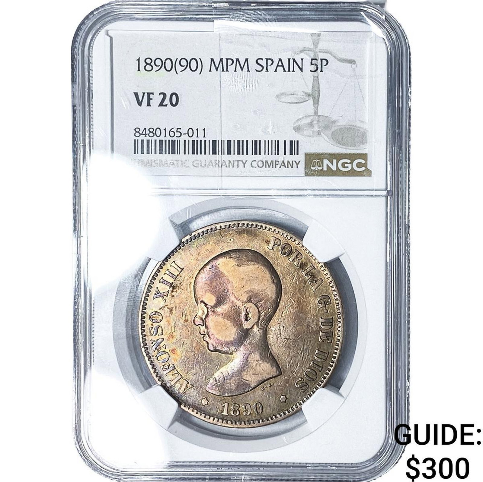 1890(90) MPM Spain Silver 5 Pesetas NGC VF20 (1 of 2)