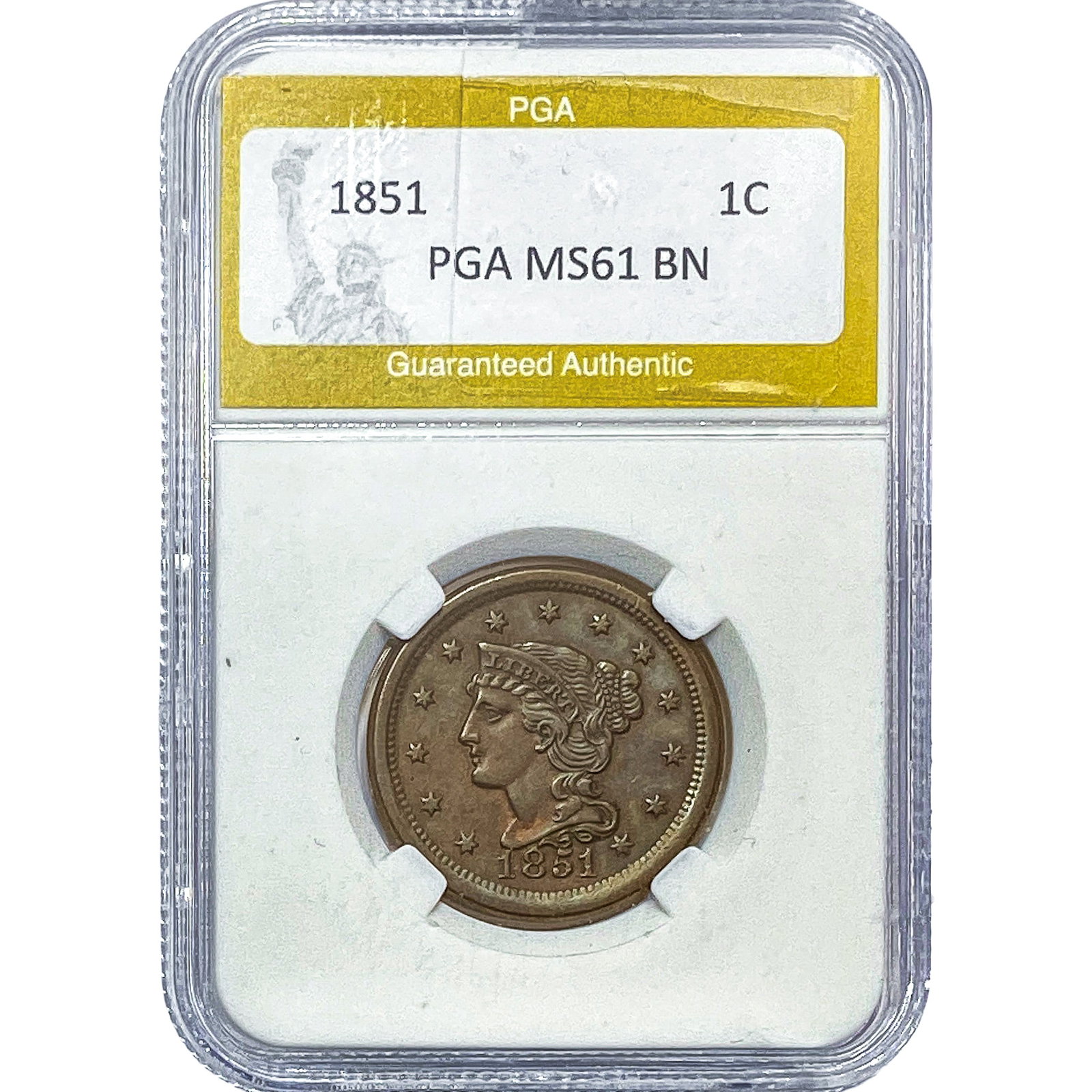 1851 Braided Hair Large Cent PGA MS61BN: 1851 Braided Hair Large Cent PGA MS61BN