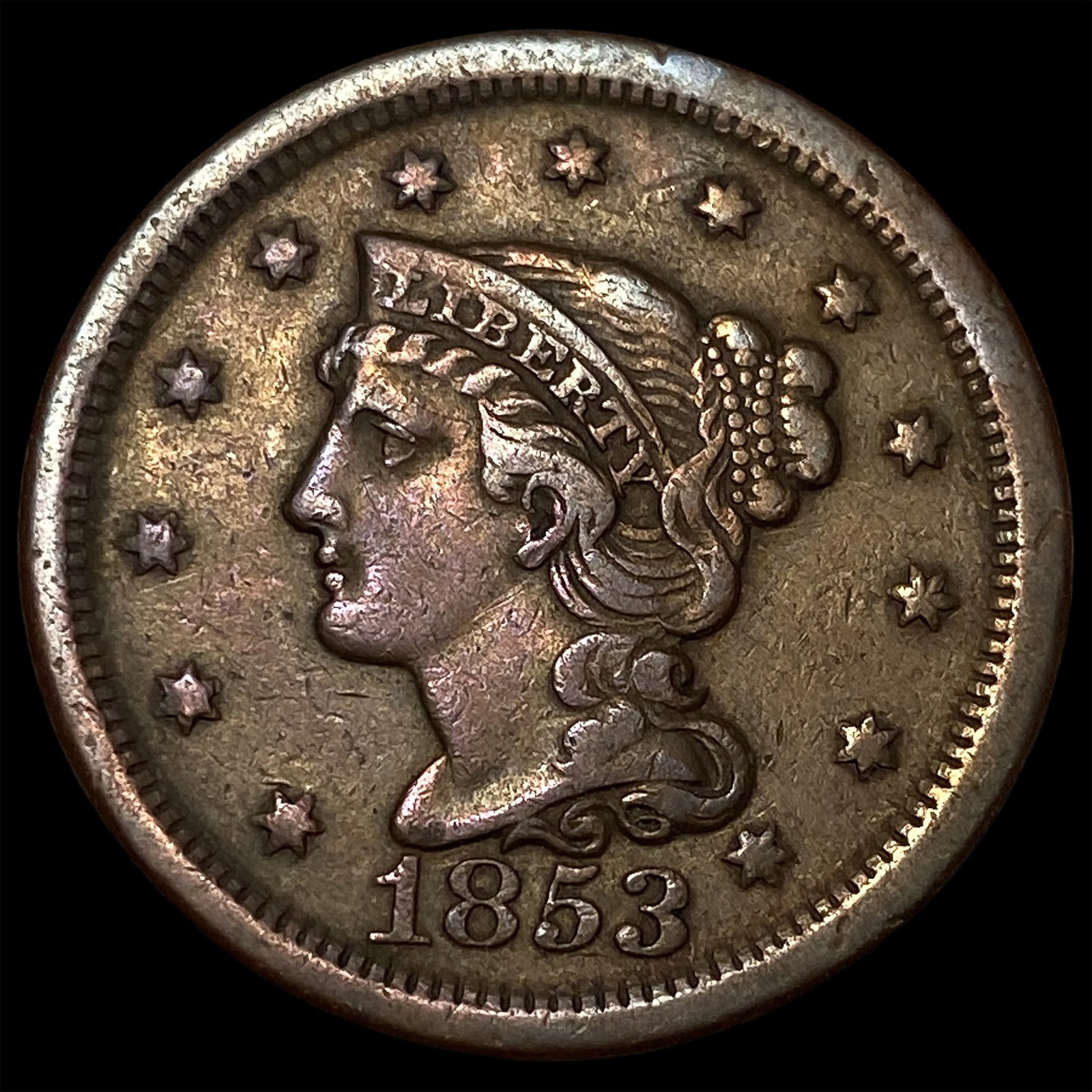 1853 Braided Hair Large Cent CHOICE AU: 1853 Braided Hair Large Cent CHOICE AU
