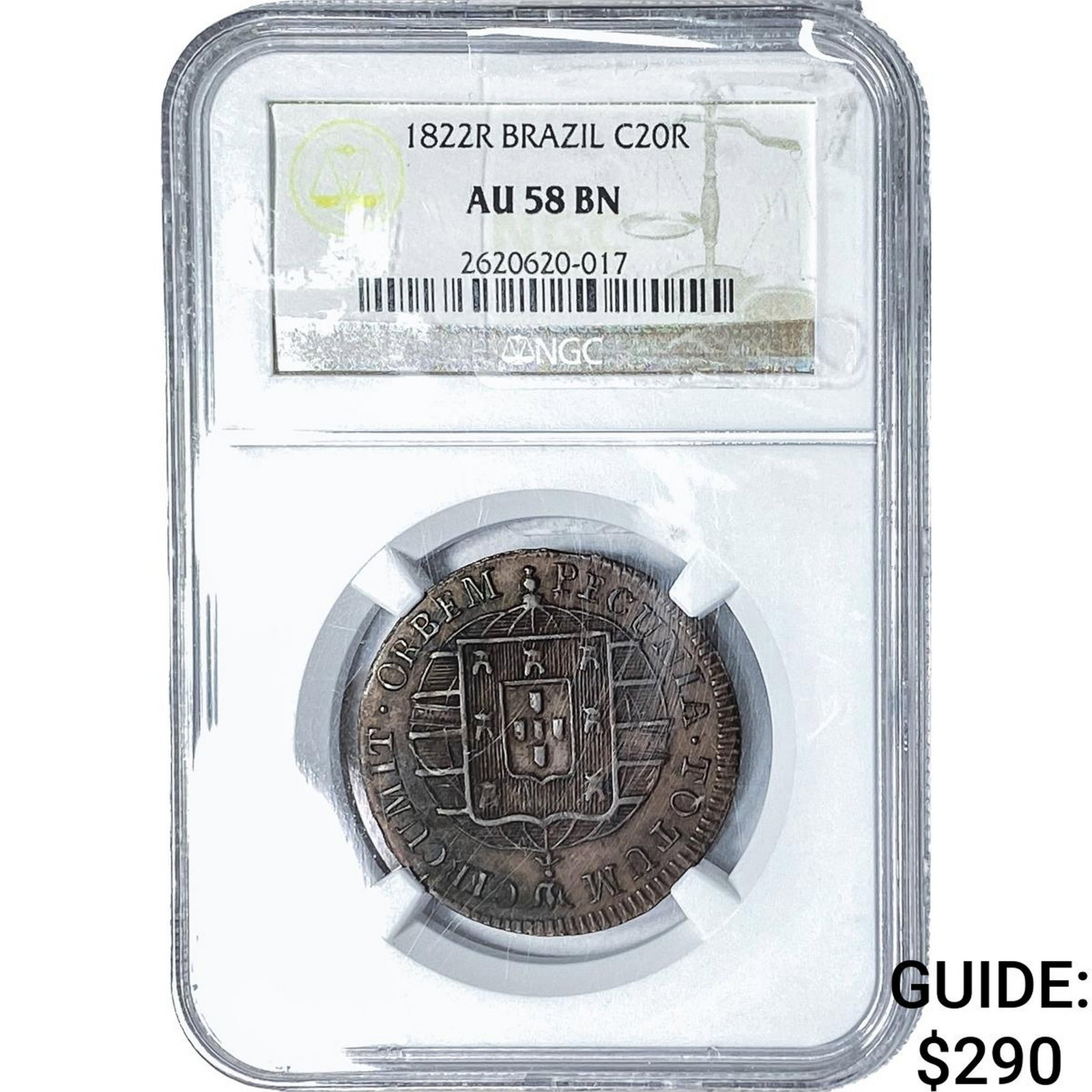 1822R Brazil Copper 20 Reis NGC AU58 BN: 1822R Brazil Copper 20 Reis NGC AU58 BN