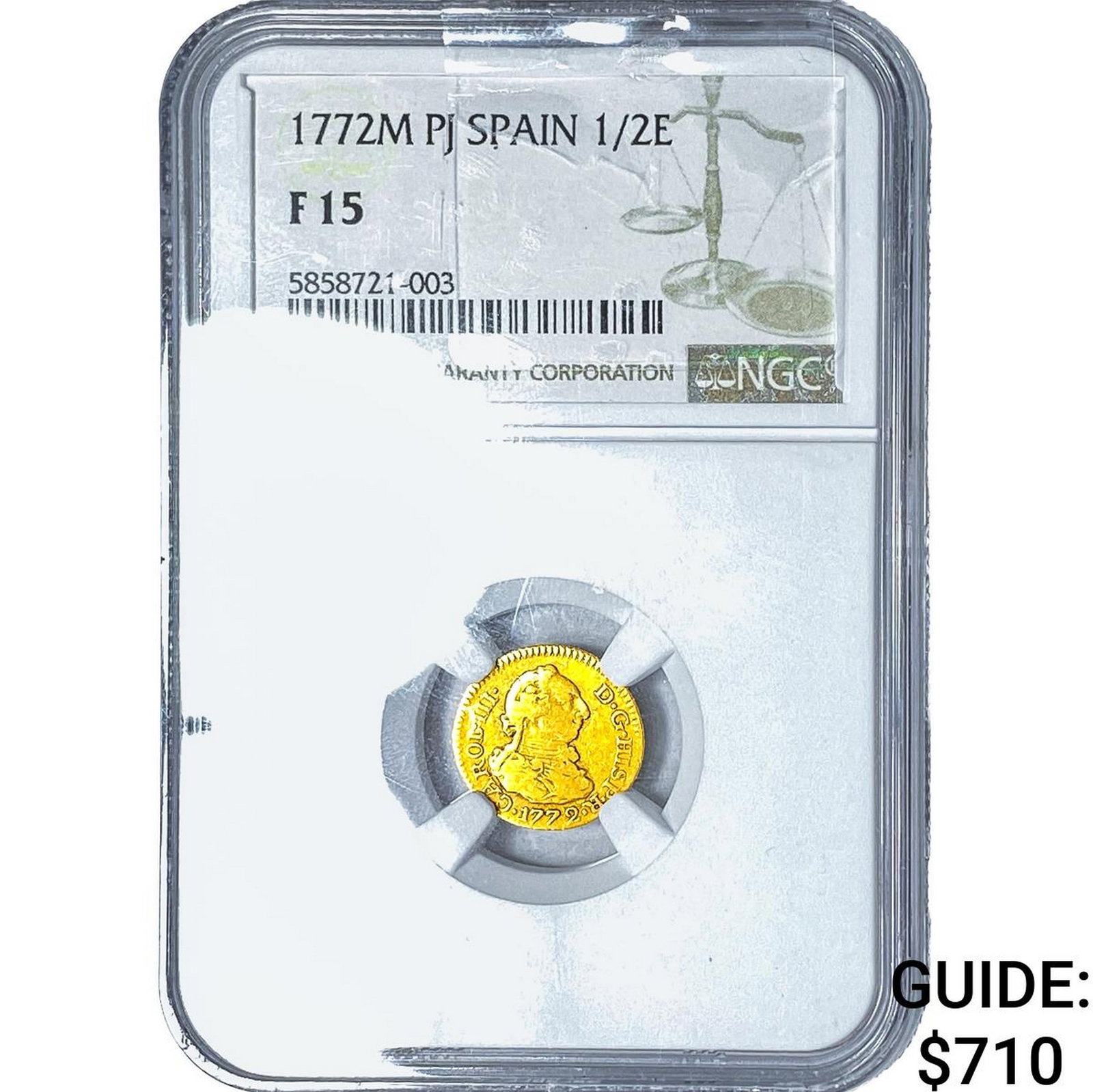 1722M PJ Spain Gold 1/2 Escudo NGC F15: 1722M PJ Spain Gold 1/2 Escudo NGC F15