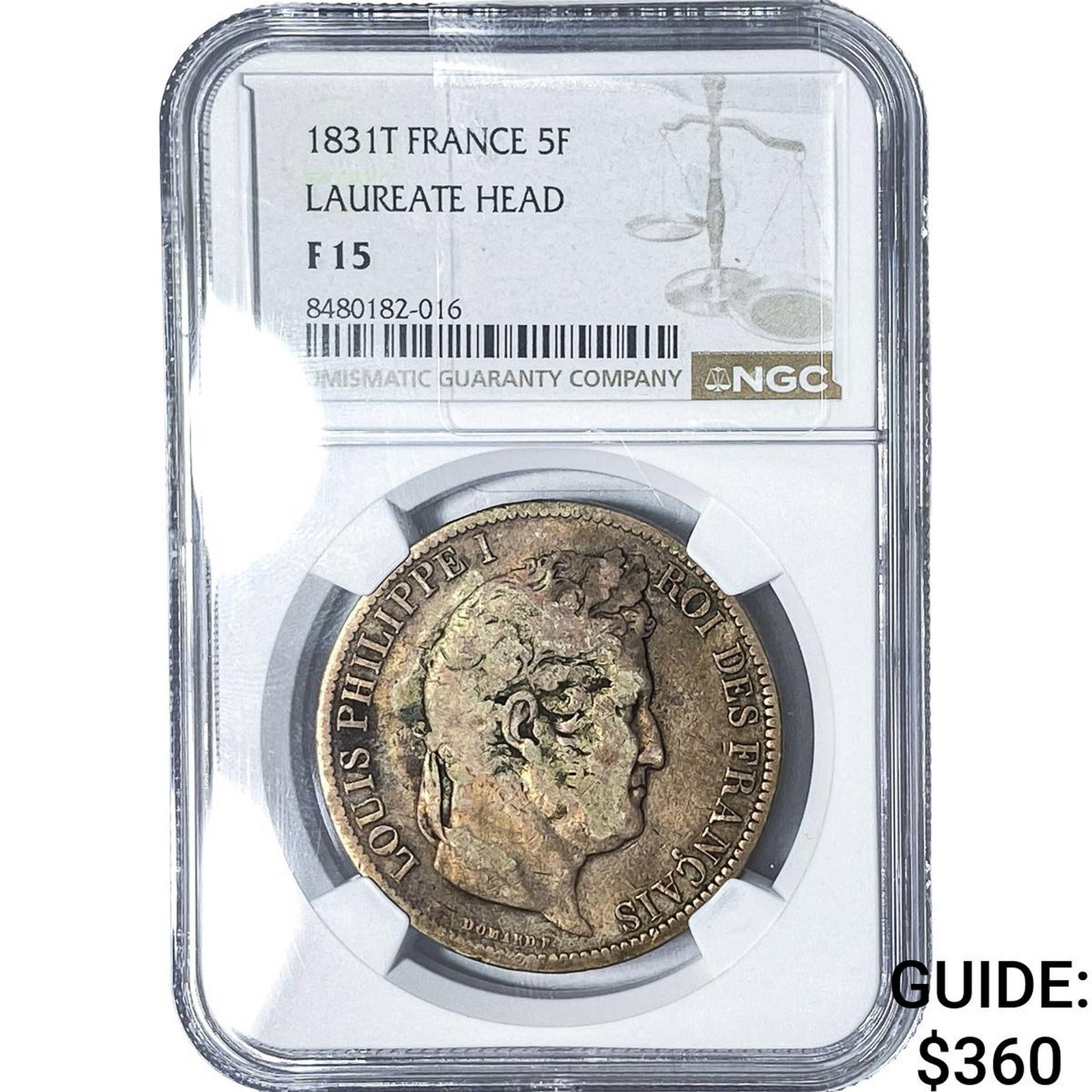 1831T France Silver 5 Francs Laurate Head NGC F15: 1831T France Silver 5 Francs Laurate Head NGC F15