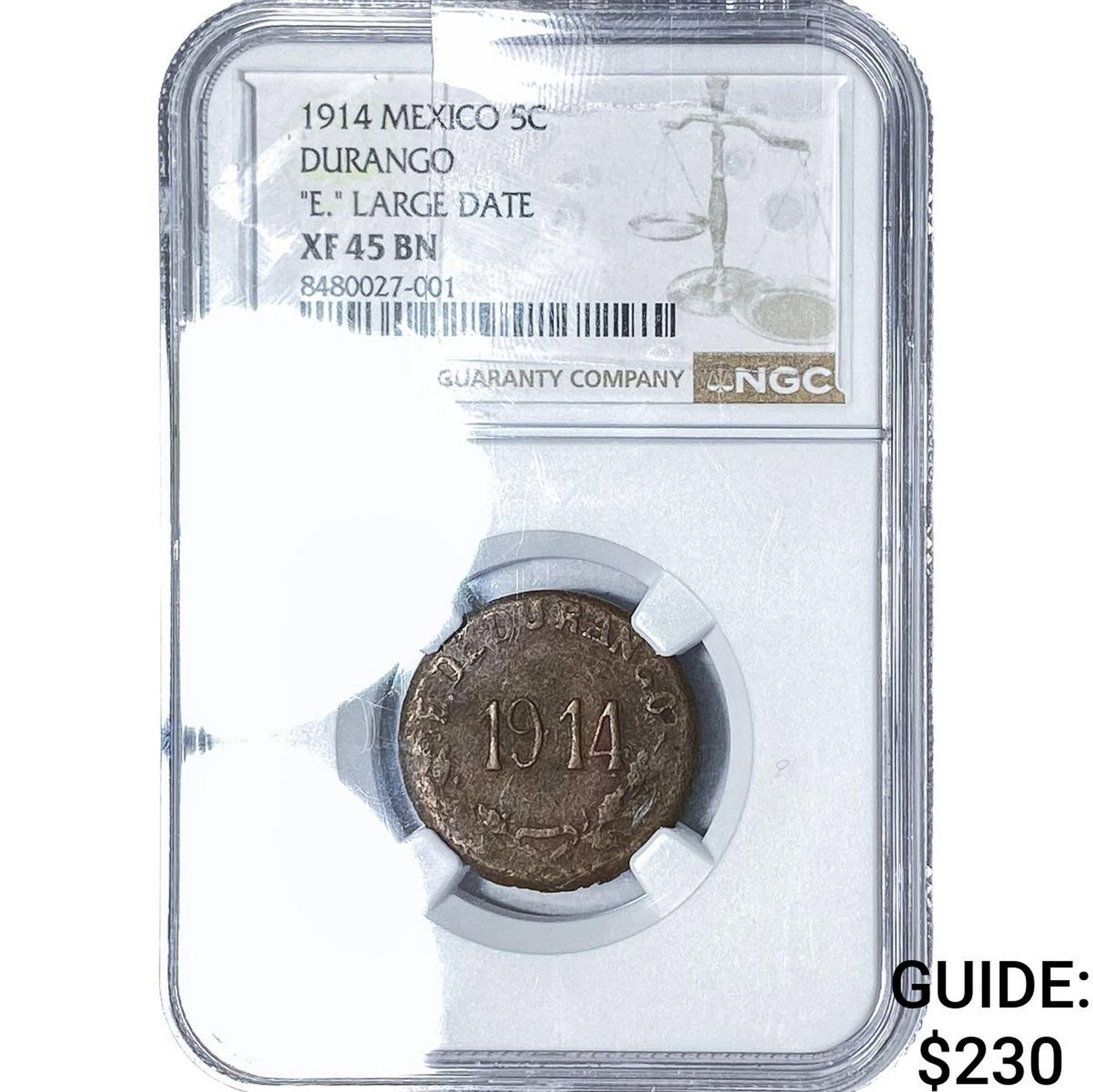 1914 Mexico Durango Copper 5 Centavos 'E.' LG Date NGC XF45 BN (1 of 2)