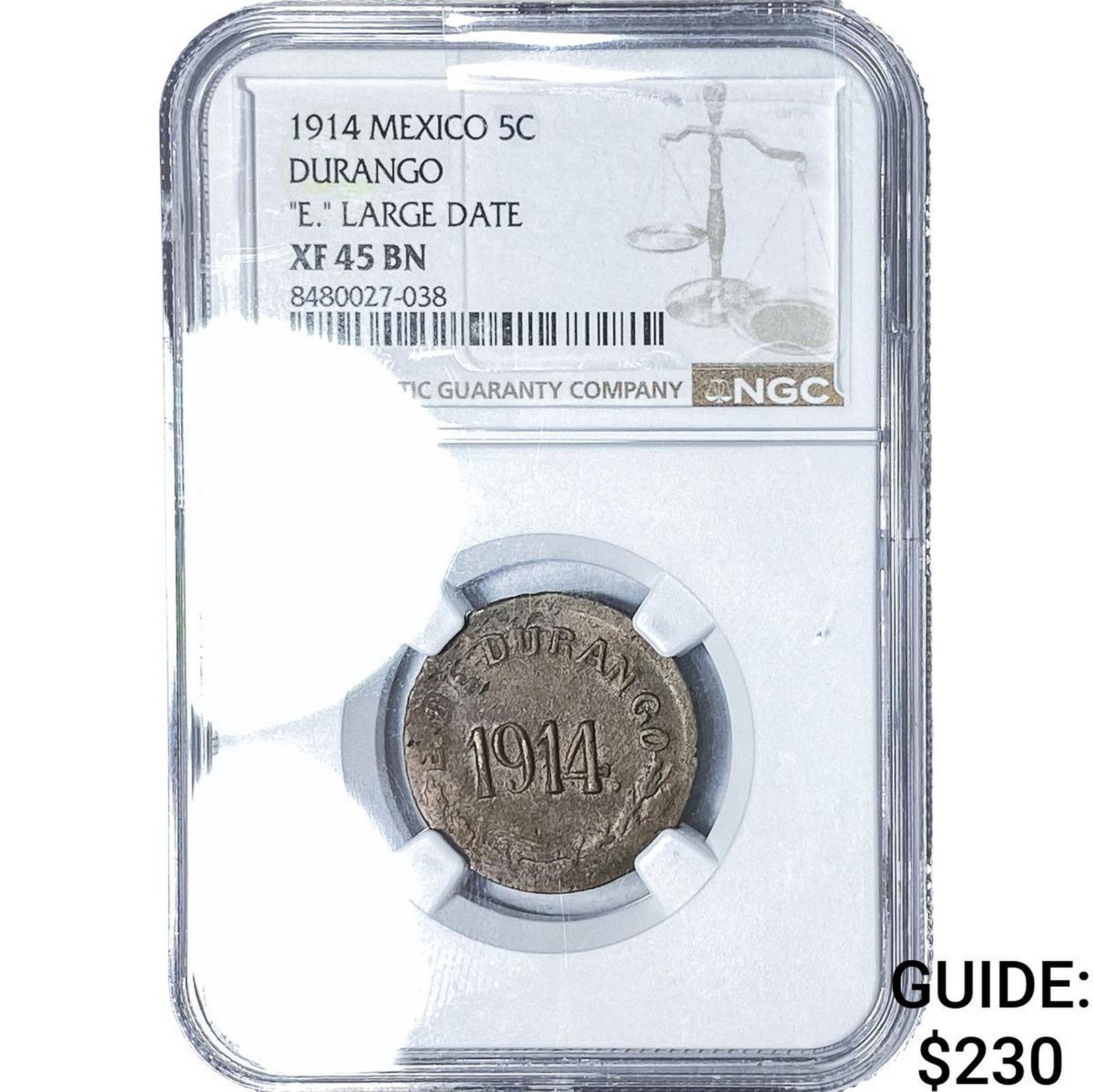 1914 Mexico Durango Copper 5 Centavos 'E.' LG Date NGC XF45 BN (1 of 2)