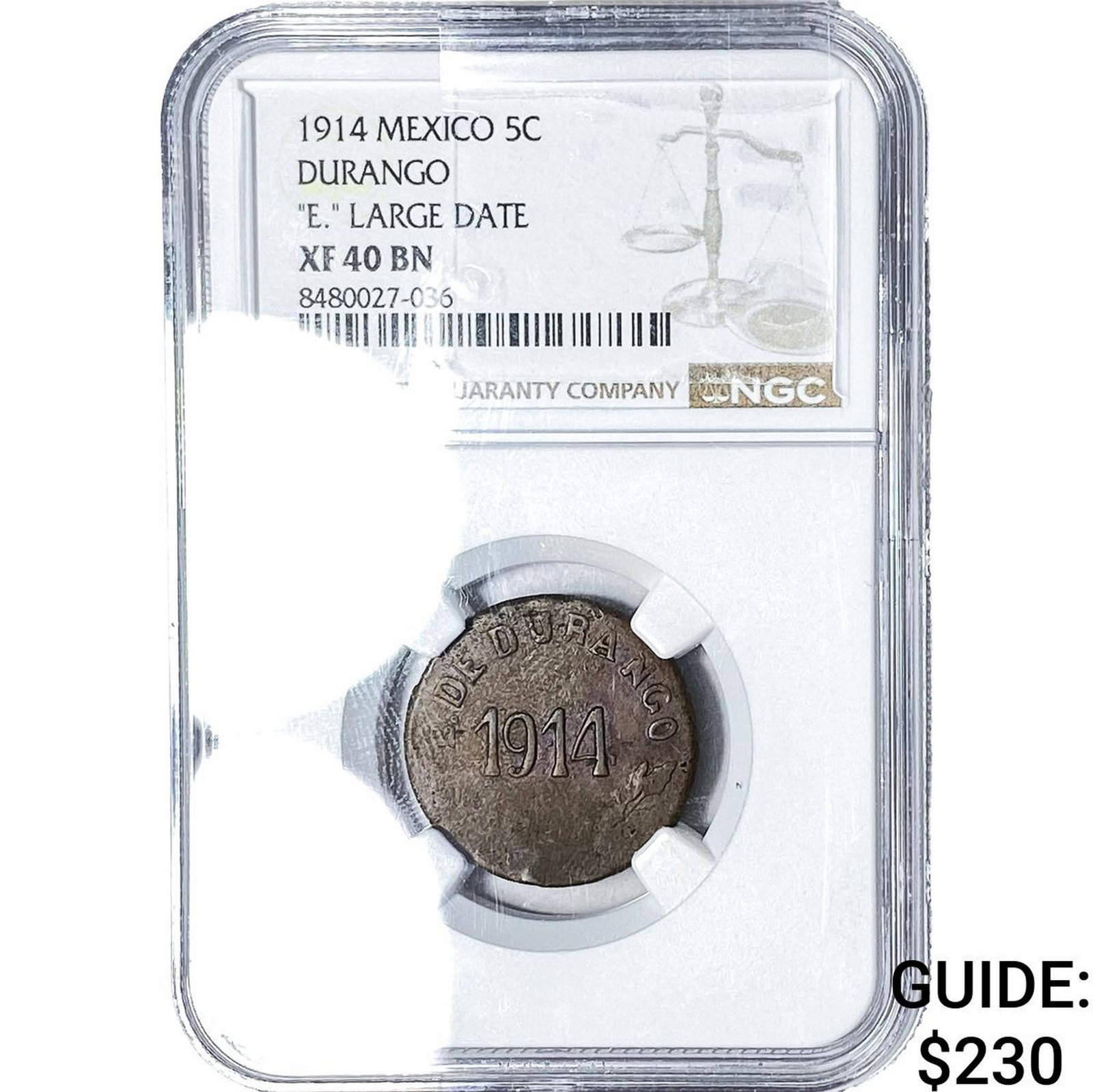 1914 Mexico Durango Copper 5 Centavos 'E.' LG Date NGC XF40 (1 of 2)