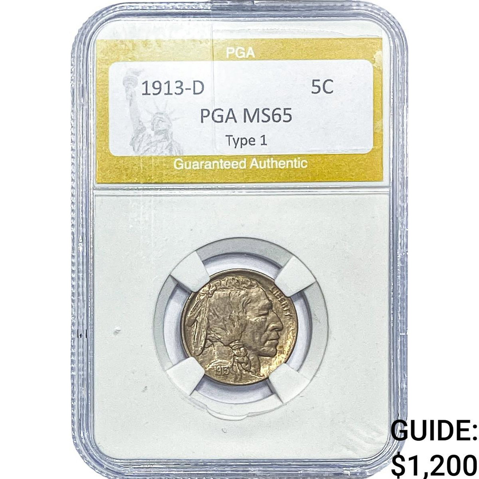 1913-D Buffalo Nickel PGA MS65 Type 1: 1913-D Buffalo Nickel PGA MS65 Type 1