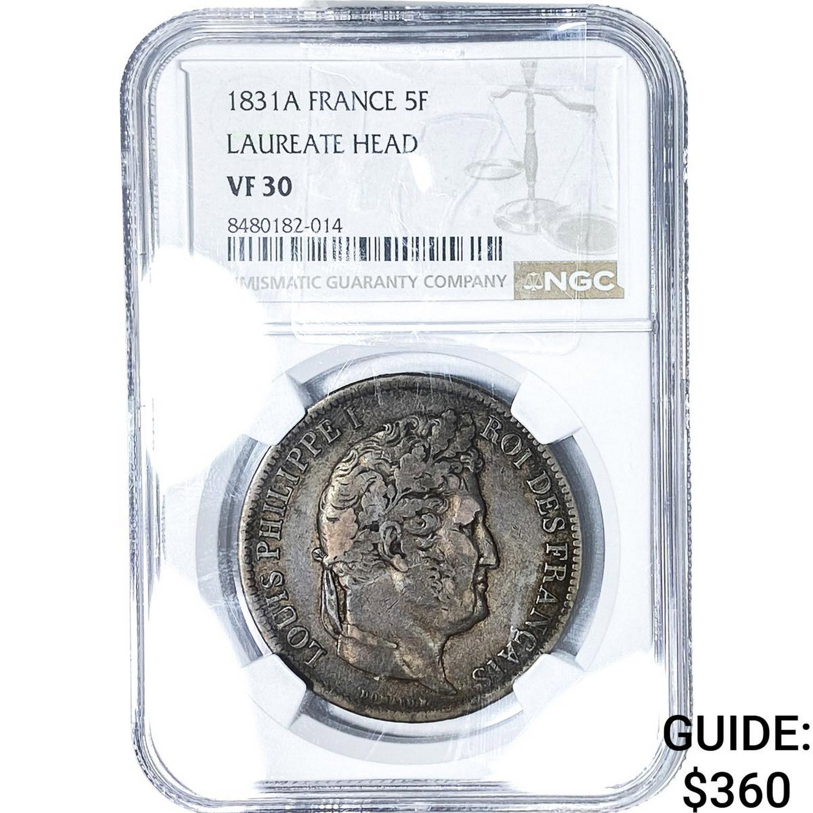 1831A France Silver 5 Francs Lauraeate Head NGC VF30: 1831A France Silver 5 Francs Lauraeate Head NGC VF30