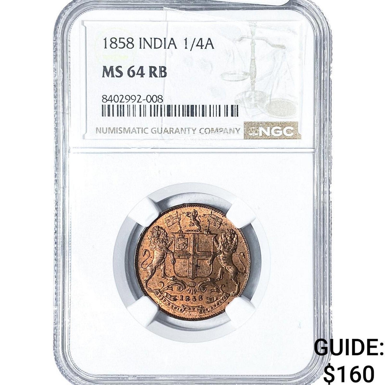 1858 British India Copper 1/4 Anna NGC MS64 RB (1 of 2)