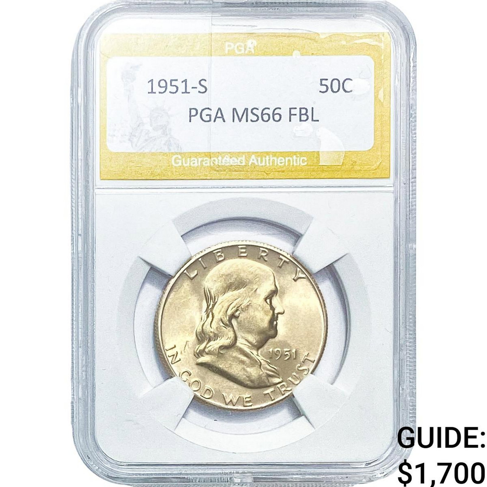 1951-S Franklin Half Dollar PGA MS66FBL: 1951-S Franklin Half Dollar PGA MS66FBL