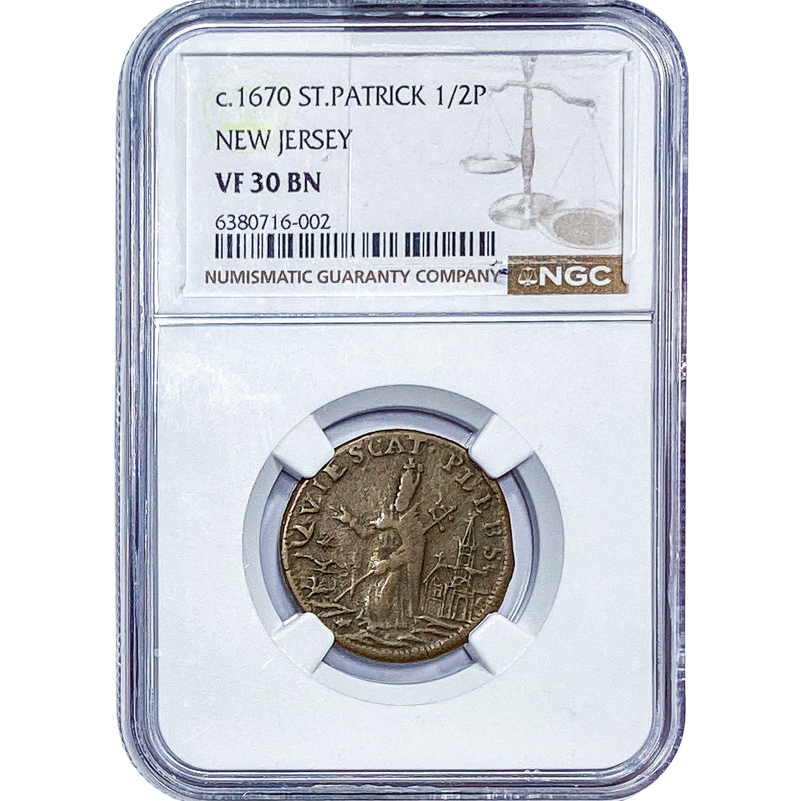 c.1670 New Jersey St.Patrick 1/2 Penny NGC VF30 BN: c.1670 New Jersey St.Patrick 1/2 Penny NGC VF30 BN