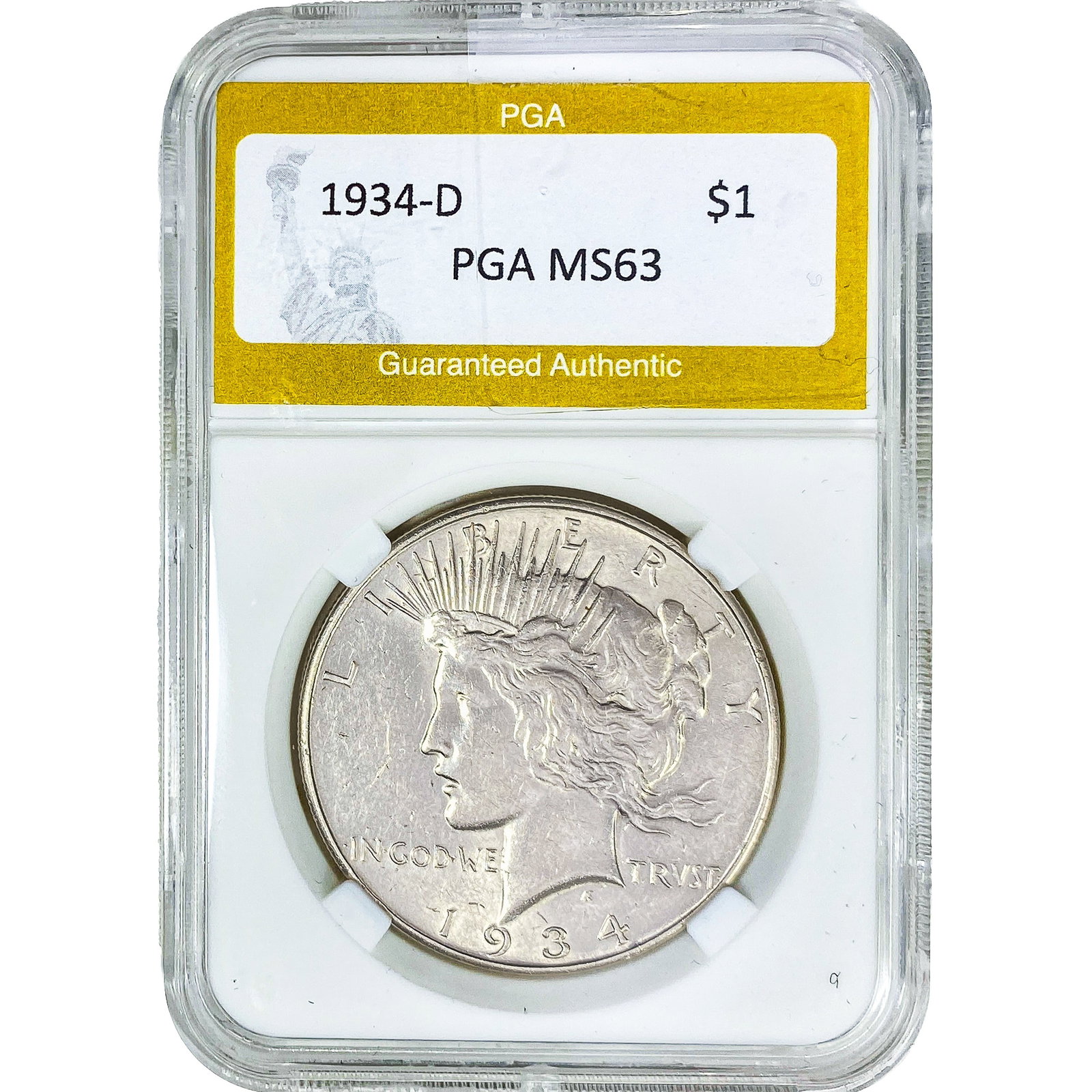 1934-D Silver Peace Dollar PGA MS63: 1934-D Silver Peace Dollar PGA MS63