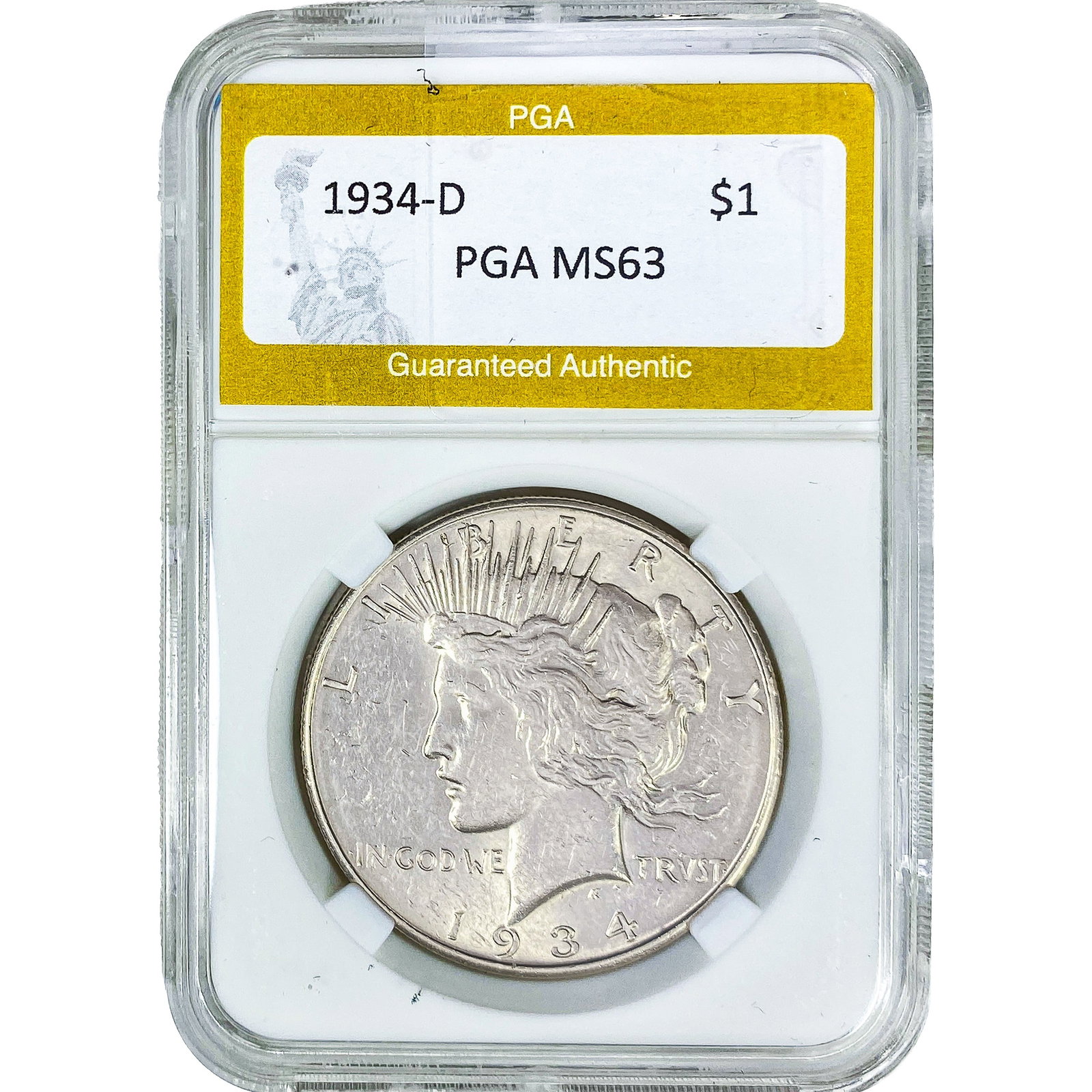1934-D Silver Peace Dollar PGA MS63: 1934-D Silver Peace Dollar PGA MS63