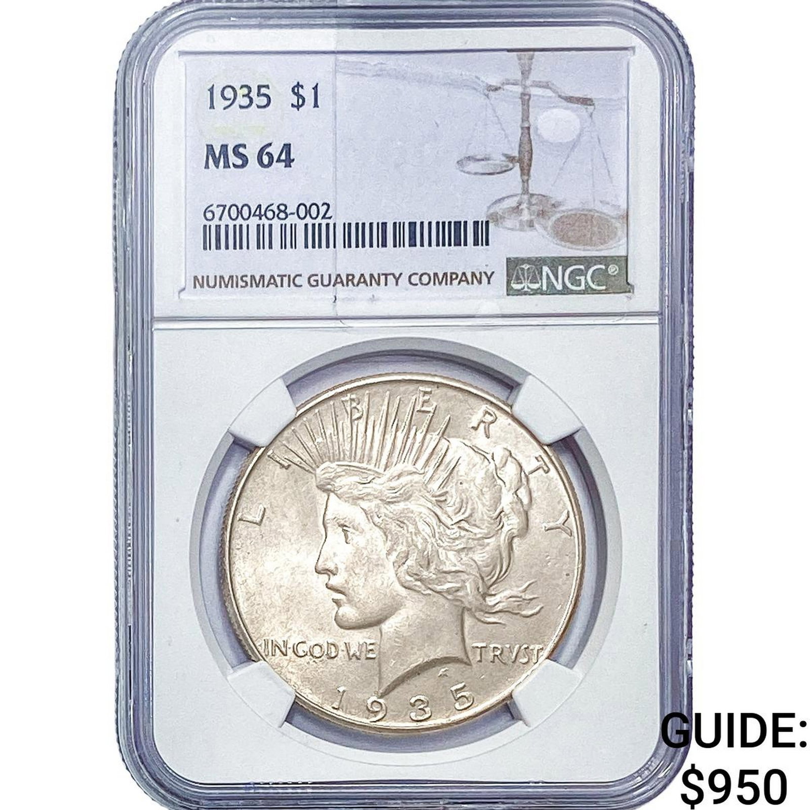 1935 Silver Peace Dollar NGC MS64: 1935 Silver Peace Dollar NGC MS64