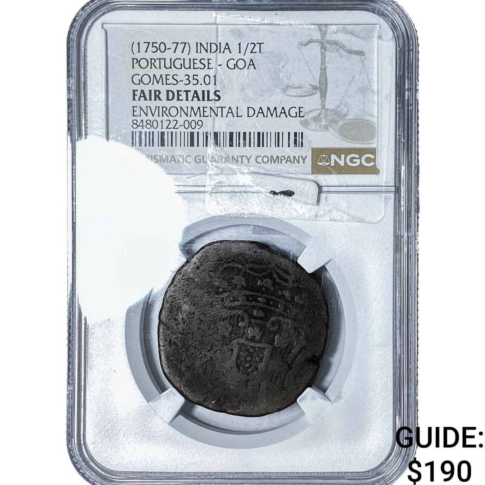1750-77 Portuguese India Copper 1/2 Tanga NGC Fair Details: 1750-77 Portuguese India Copper 1/2 Tanga NGC Fair Details