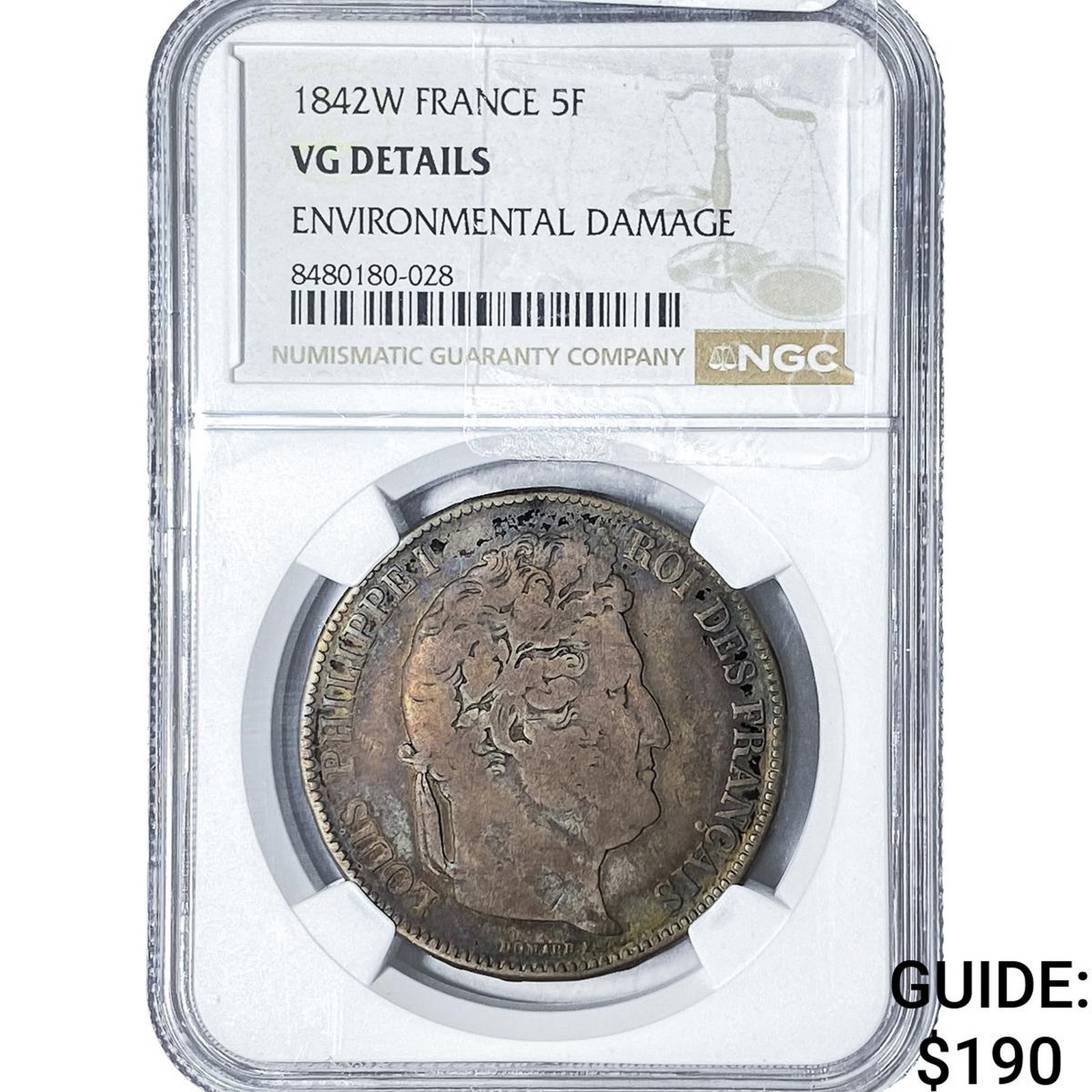 1842-W France Silver 5 Francs NGC VG Details: 1842-W France Silver 5 Francs NGC VG Details