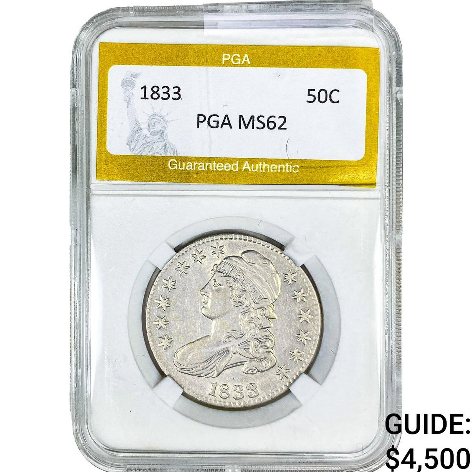 1833 Capped Bust Half Dollar PGA MS62: 1833 Capped Bust Half Dollar PGA MS62