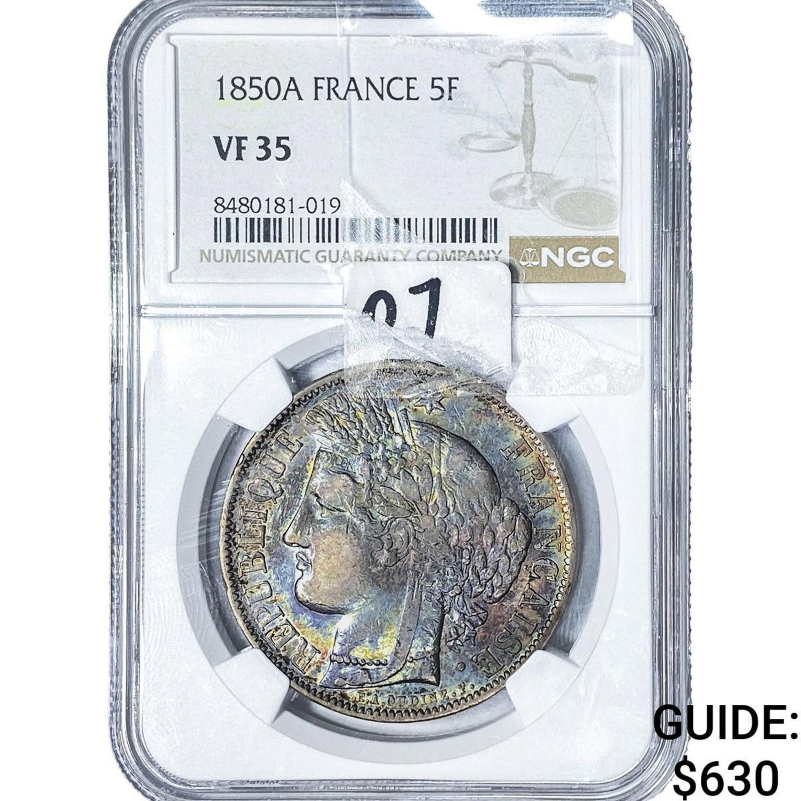 1850-A France Silver 5 Francs NGC VF35: 1850-A France Silver 5 Francs NGC VF35