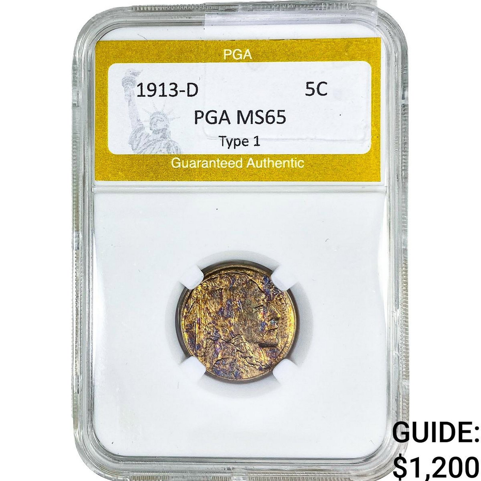 1913-D Buffalo Nickel PGA MS65 Type 1: 1913-D Buffalo Nickel PGA MS65 Type 1