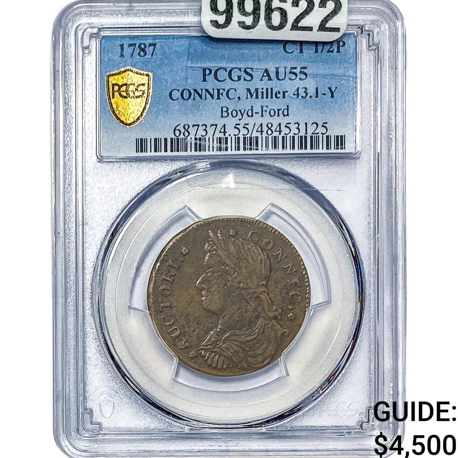 1787 Connecticut 1/2 Penny CONNFC, Miller 43.1-Y AU55 (1 of 2)