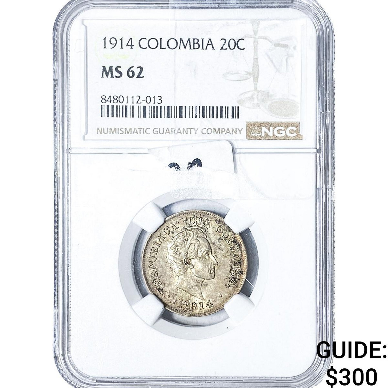 1914 Colombia Silver 20 Centavos NGC MS62: 1914 Colombia Silver 20 Centavos NGC MS62