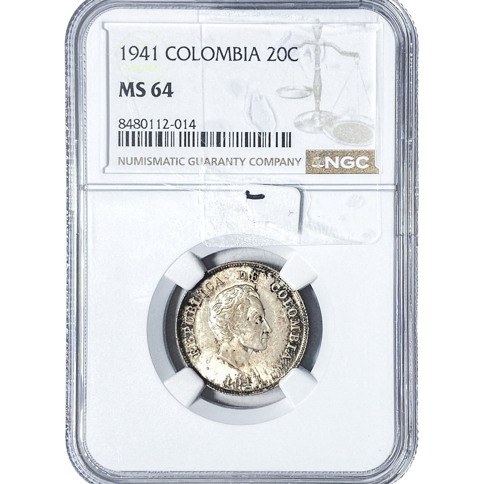 1941 Colombia Silver 20 Centavos NGC MS64: 1941 Colombia Silver 20 Centavos NGC MS64