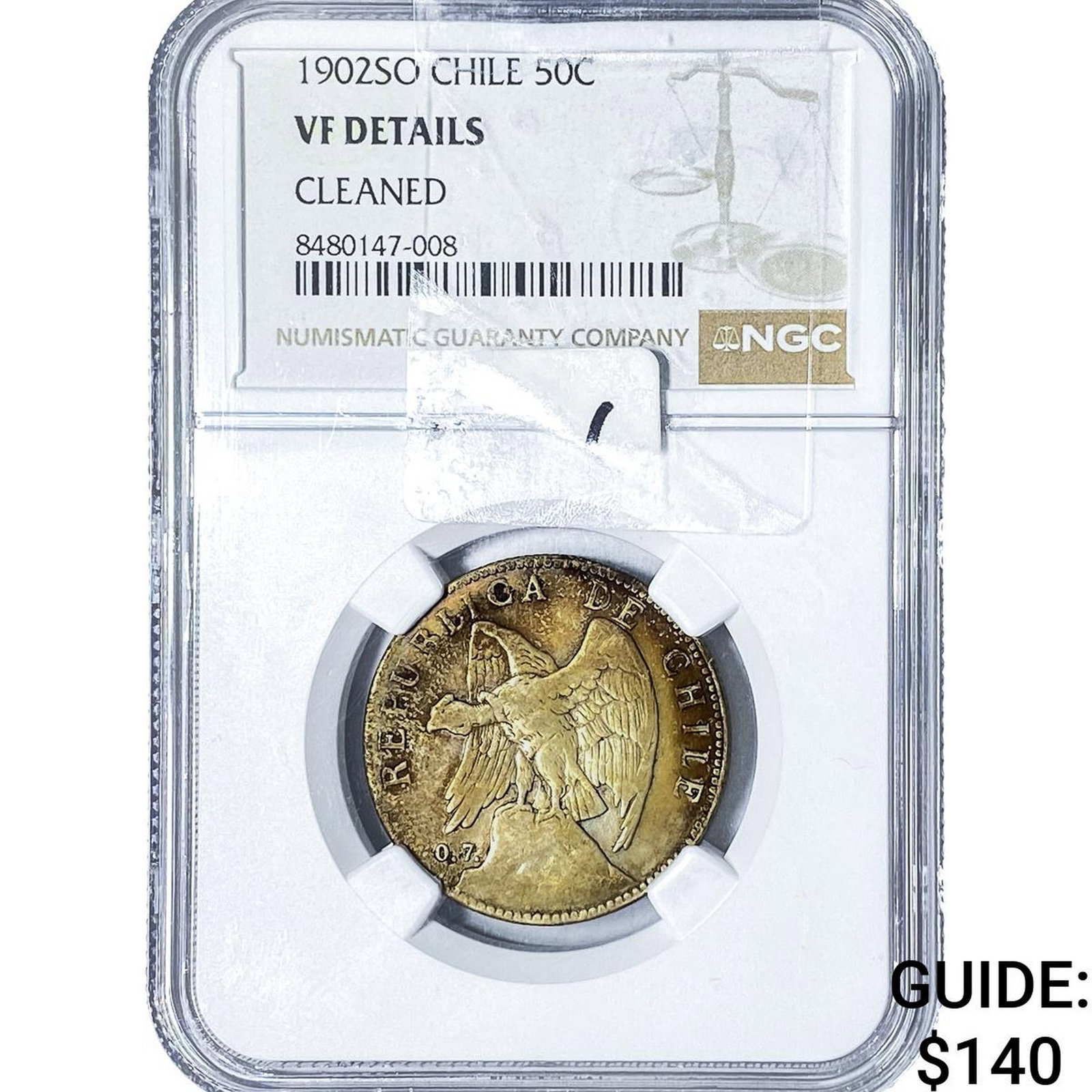 1902-SO Chile Silver 50 Centavos NGC VF Details: 1902-SO Chile Silver 50 Centavos NGC VF Details