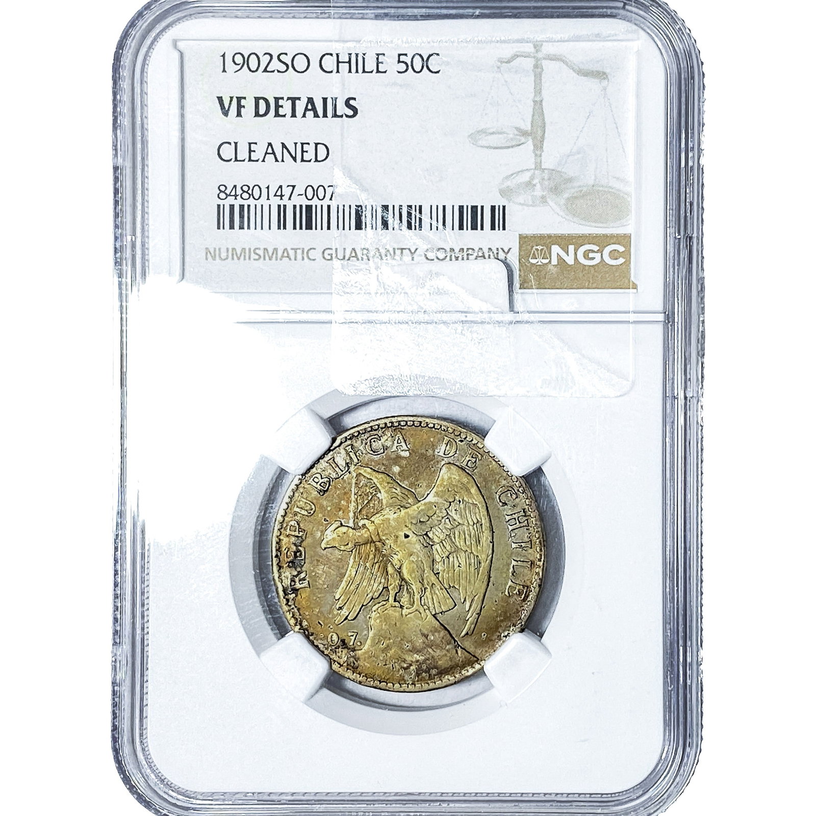 1902-SO Chile Silver 50 Centavos NGC VF Details: 1902-SO Chile Silver 50 Centavos NGC VF Details