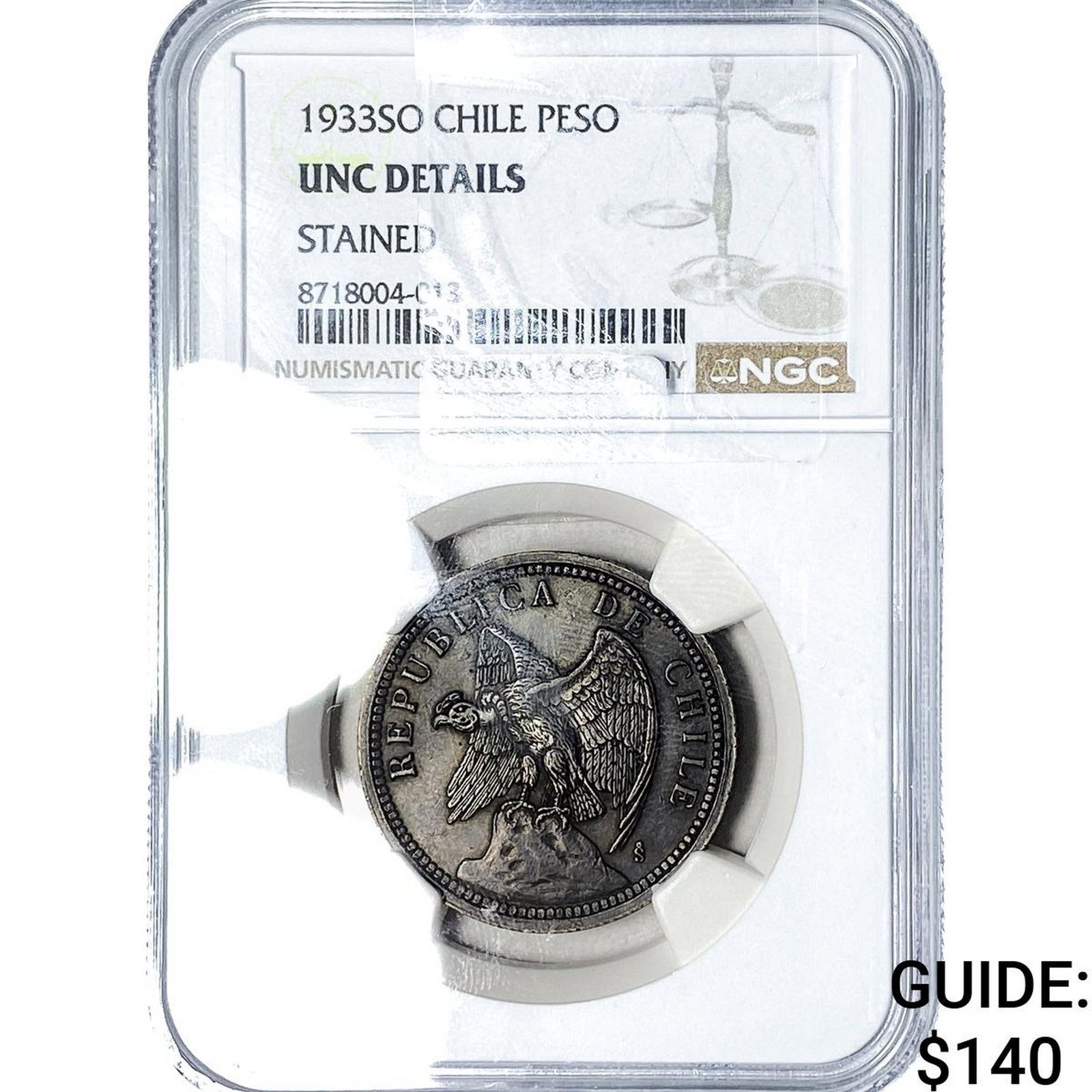 1933-SO Chile Silver 1 Peso NGC UNC Details: 1933-SO Chile Silver 1 Peso NGC UNC Details