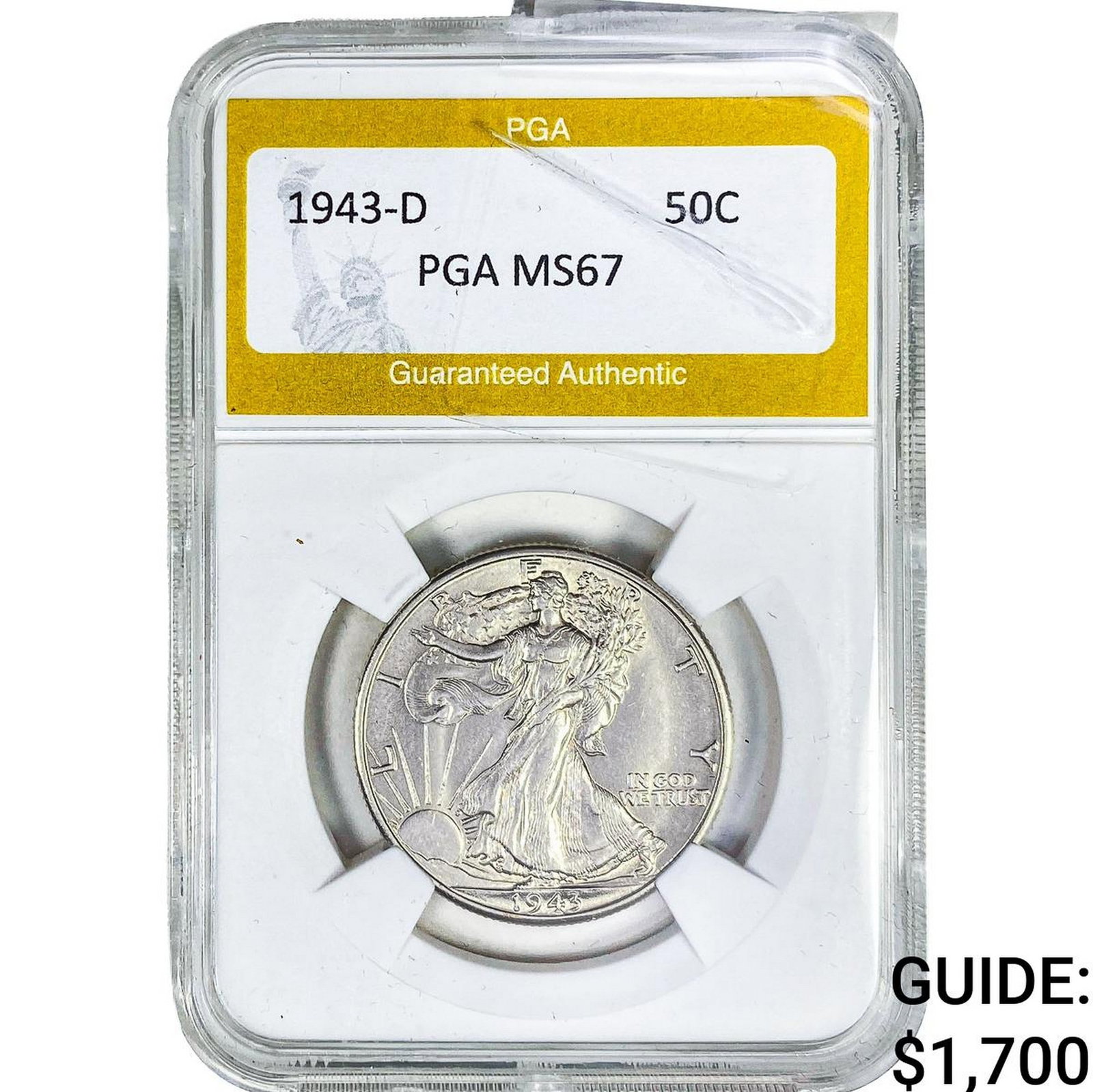 1943-D Walking Liberty Half Dollar PGA MS67: 1943-D Walking Liberty Half Dollar PGA MS67