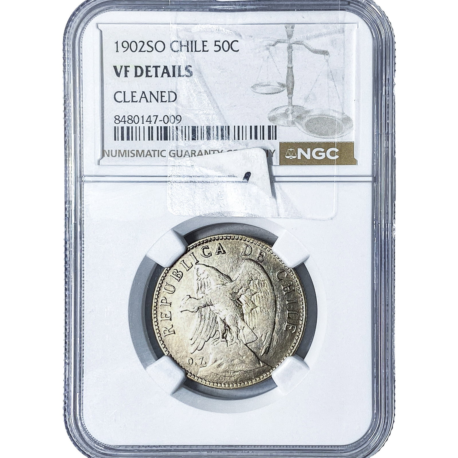 1902-SO Chile Silver 50 Centavos NGC VF Details: 1902-SO Chile Silver 50 Centavos NGC VF Details