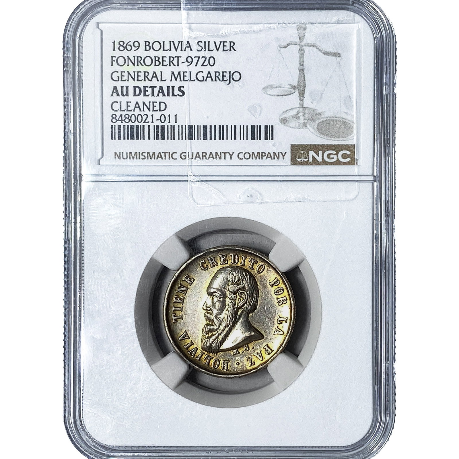 1869 Bolivia Silver General Melgarejo Medal NGC AU Details: 1869 Bolivia Silver General Melgarejo Medal NGC AU Details