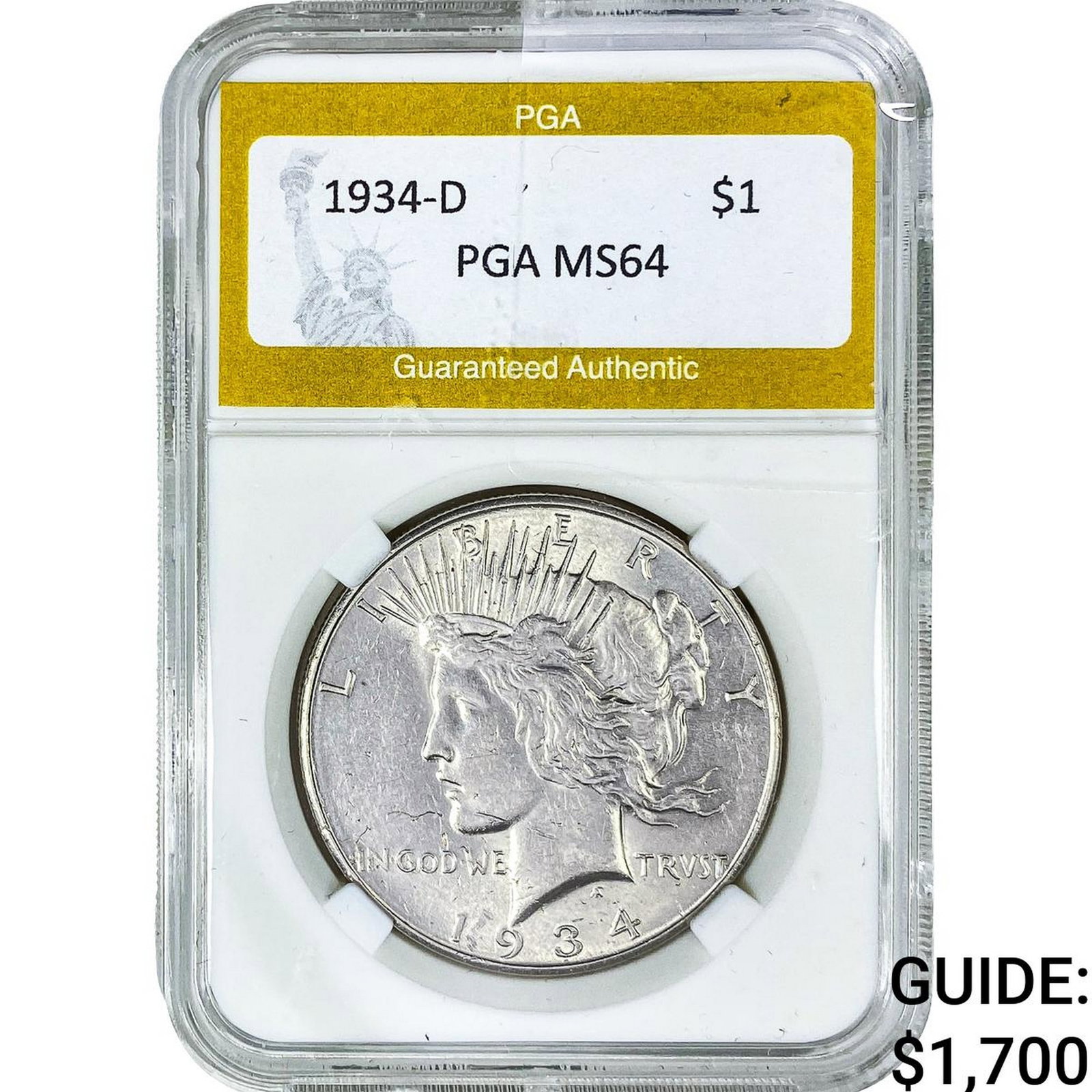 1934-D Silver Peace Dollar PGA MS64: 1934-D Silver Peace Dollar PGA MS64