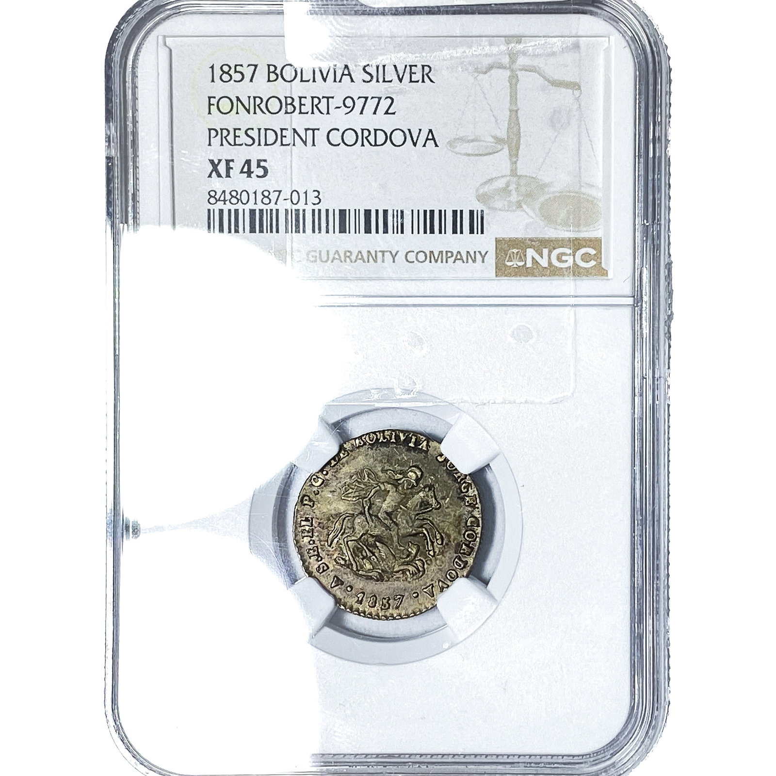1857 Bolivia President Cordova Silver Medal NGC XF45: 1857 Bolivia President Cordova Silver Medal NGC XF45