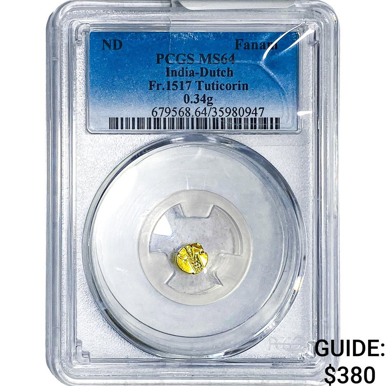 India-Dutch Gold .34g Fanam Fr.1517 Tuticorin PCGS: India-Dutch Gold .34g Fanam Fr.1517 Tuticorin PCGS