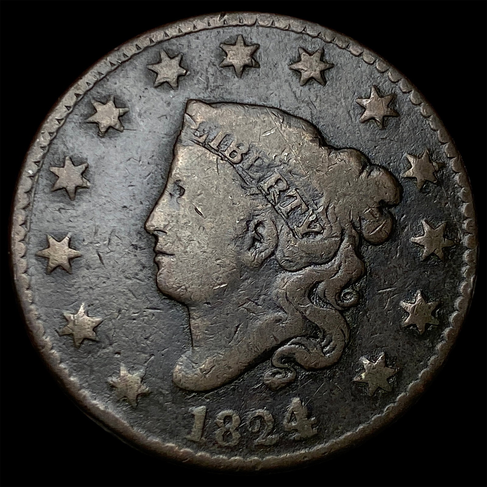 1824 Coronet Head Large Cent NICELY CIRCULATED: 1824 Coronet Head Large Cent NICELY CIRCULATED