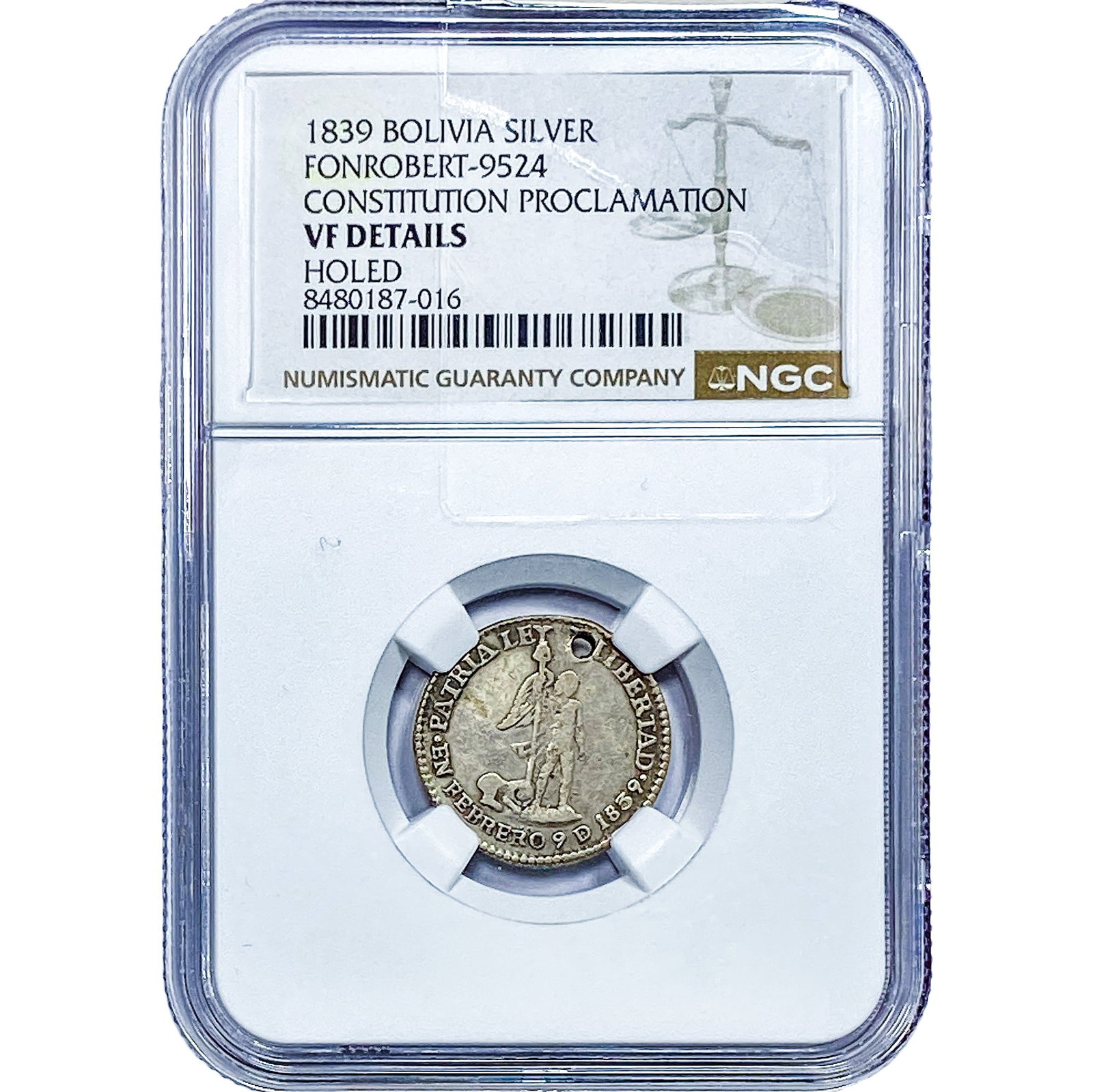 1839 Bolivia Silver Constitution Medal NGC VF Details (1 of 2)