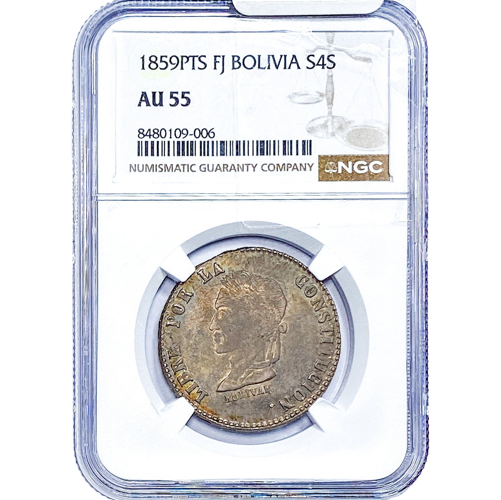 1859-PTS Bolivia Silver 4 Soles NGC AU55: 1859-PTS Bolivia Silver 4 Soles NGC AU55