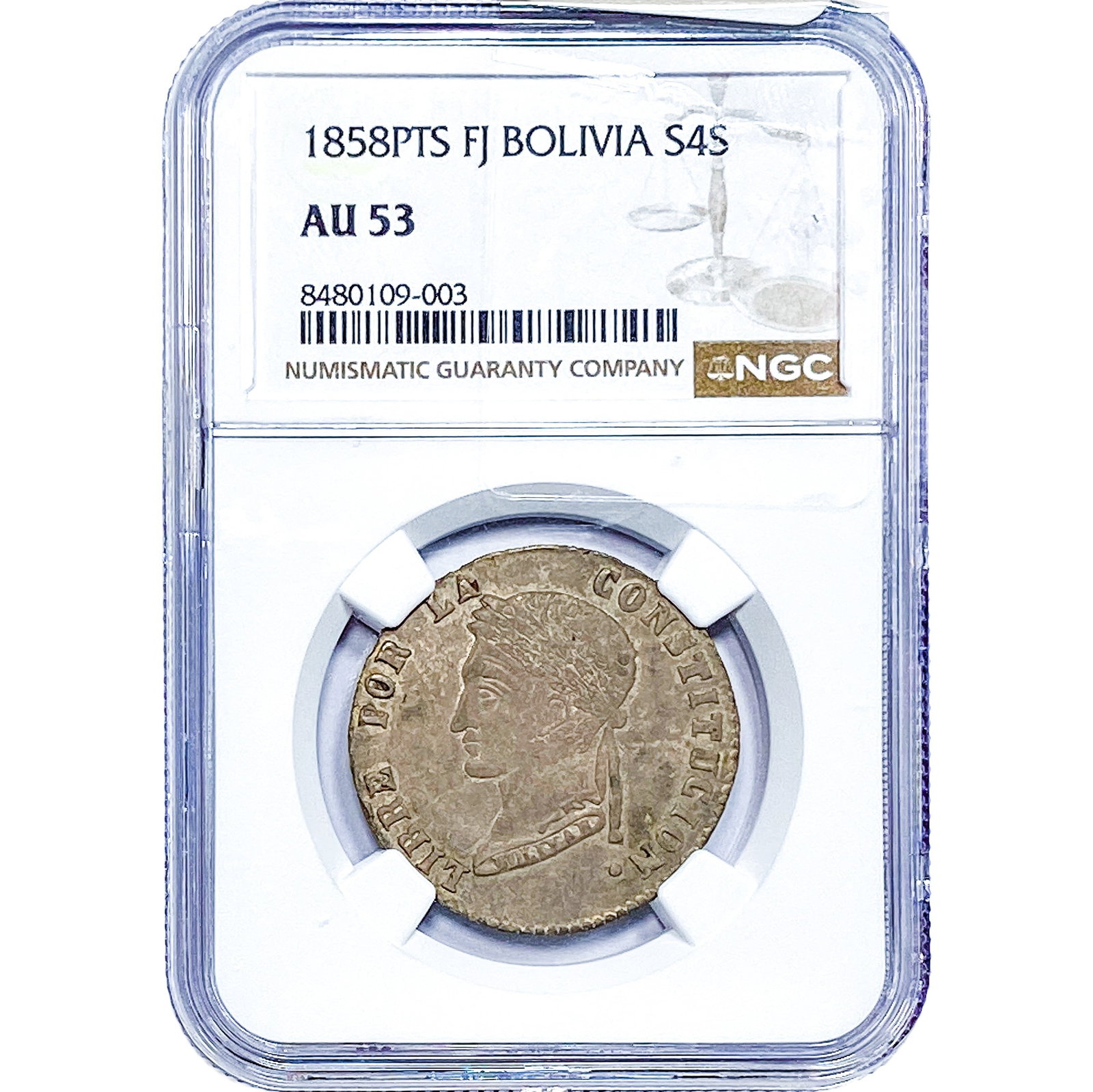 1858-PTS Bolivia Silver 4 Soles NGC AU53: 1858-PTS Bolivia Silver 4 Soles NGC AU53