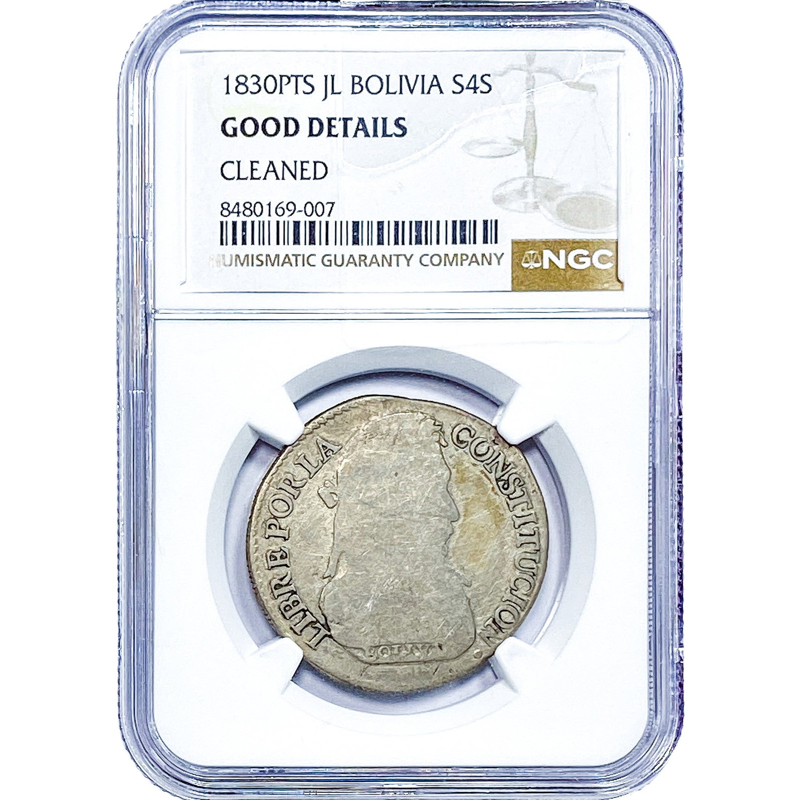 1830-PTS Bolivia Silver 4 Soles NGC Good Details: 1830-PTS Bolivia Silver 4 Soles NGC Good Details