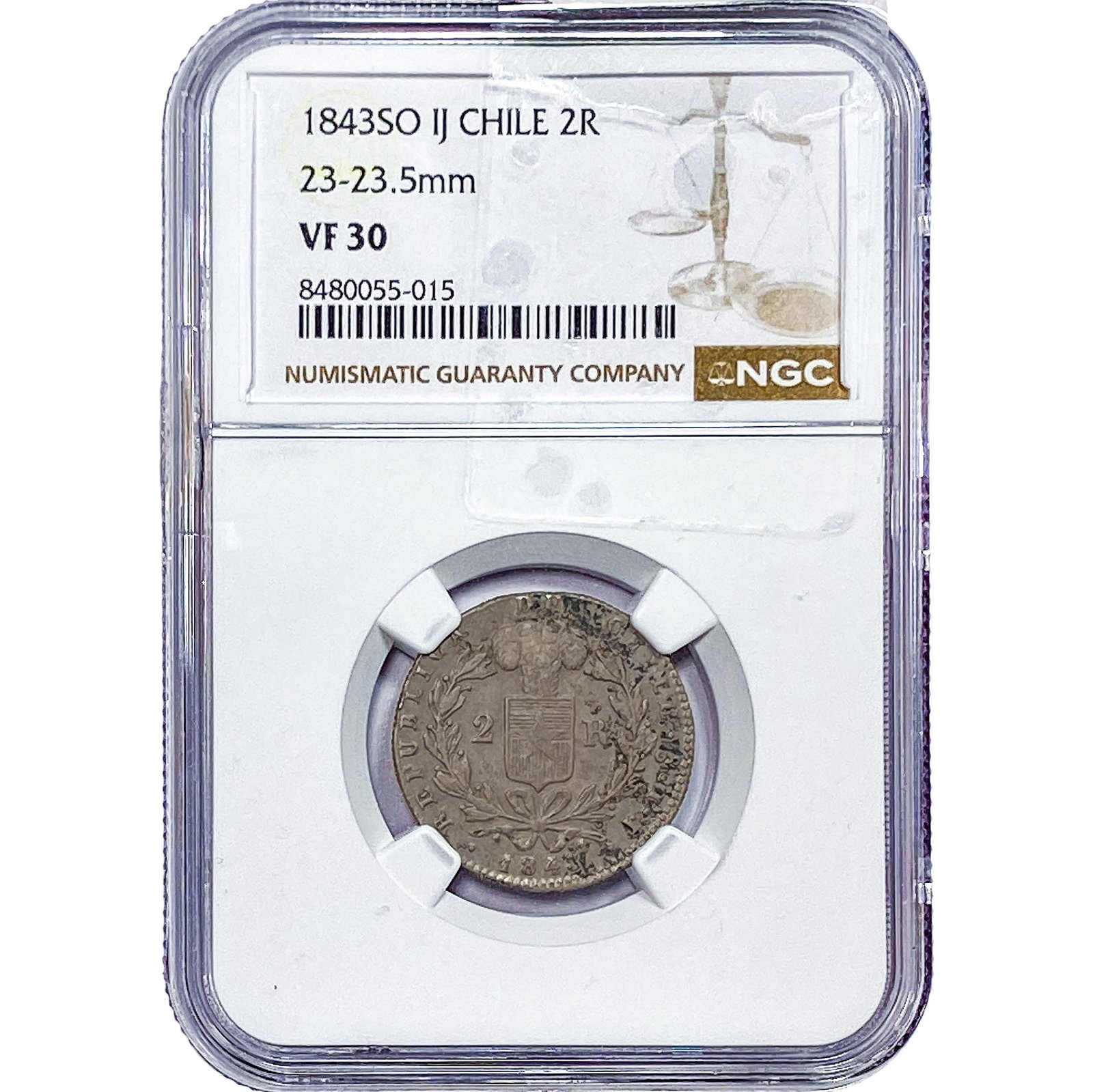 1843 Chile Silver 2 Reales NGC VF30: 1843 Chile Silver 2 Reales NGC VF30
