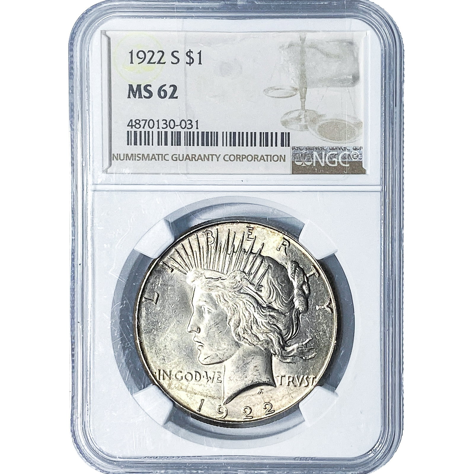 1922-S Morgan Silver Dollar NGC MS62: 1922-S Morgan Silver Dollar NGC MS62