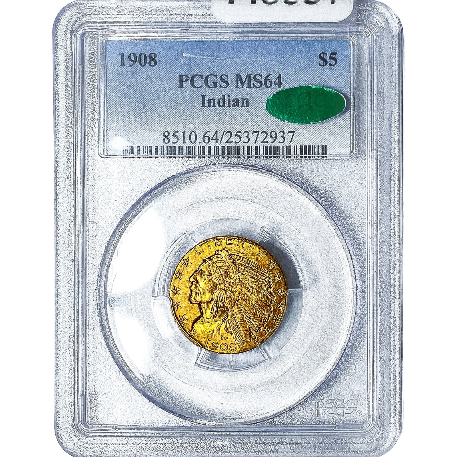 1908 CAC $5 Gold Half Eagle PCGS MS64: 1908 CAC $5 Gold Half Eagle PCGS MS64