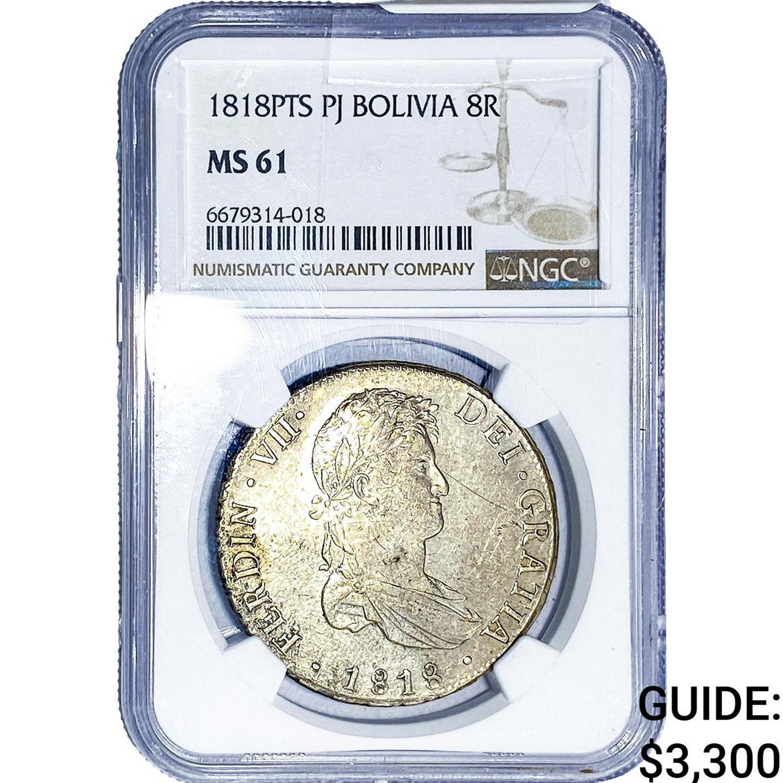 1818PTS PJ Bolivia Silver 8 Reales NGC MS61: 1818PTS PJ Bolivia Silver 8 Reales NGC MS61