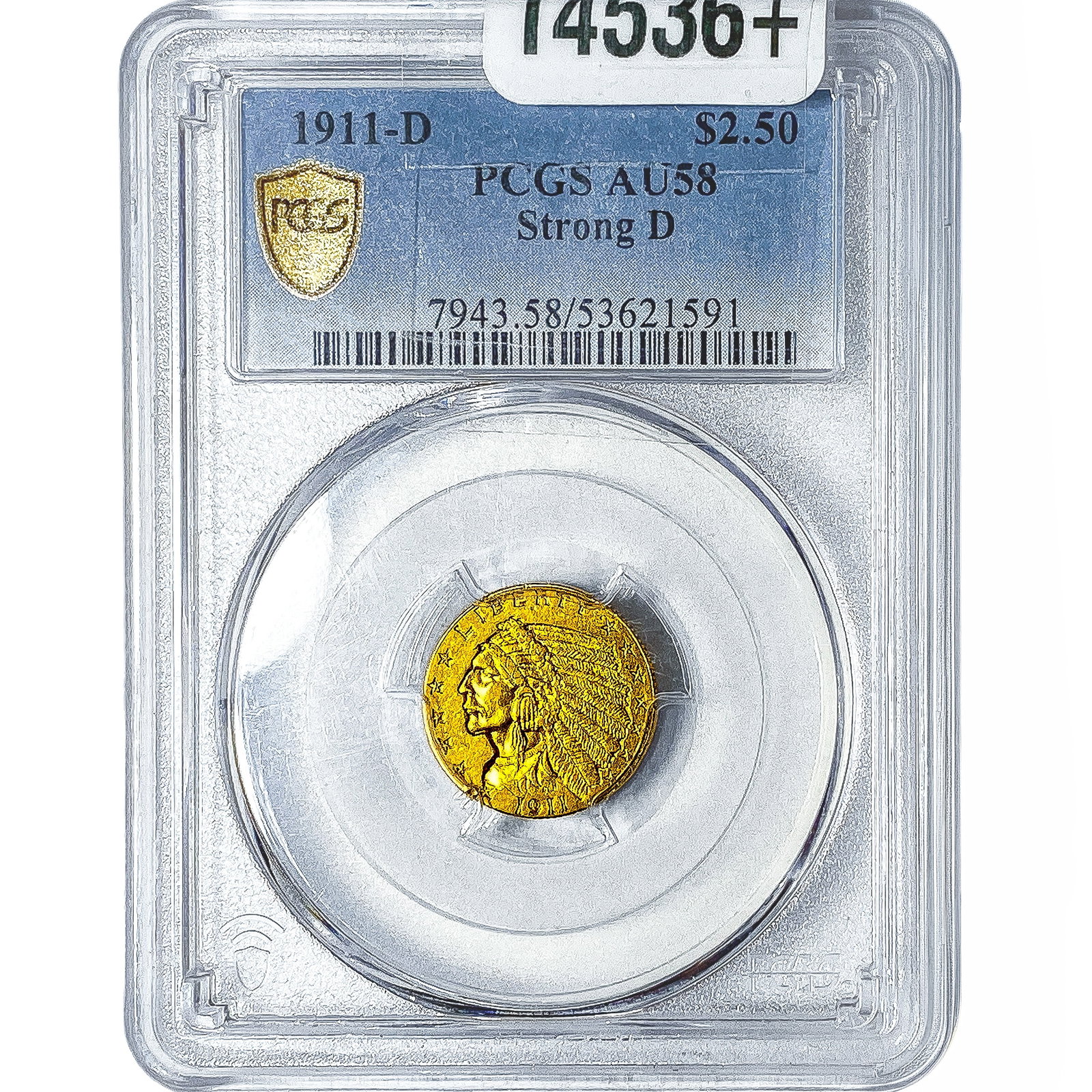 1911-D $2.50 Gold Quarter Eagle PCGS AU58 Strong D: 1911-D $2.50 Gold Quarter Eagle PCGS AU58 Strong D