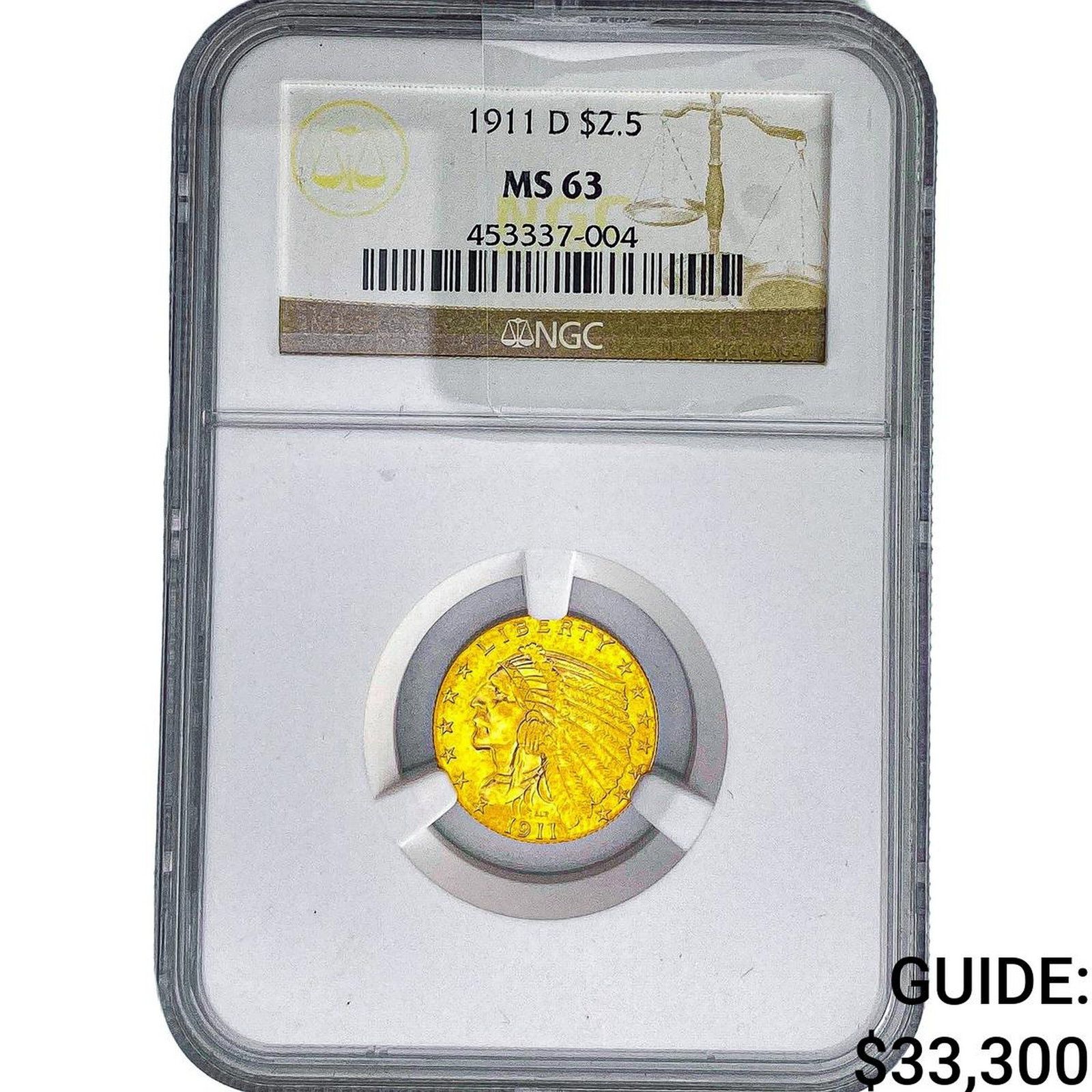 1911-D $2.50 Gold Quarter Eagle NGC MS63: 1911-D $2.50 Gold Quarter Eagle NGC MS63
