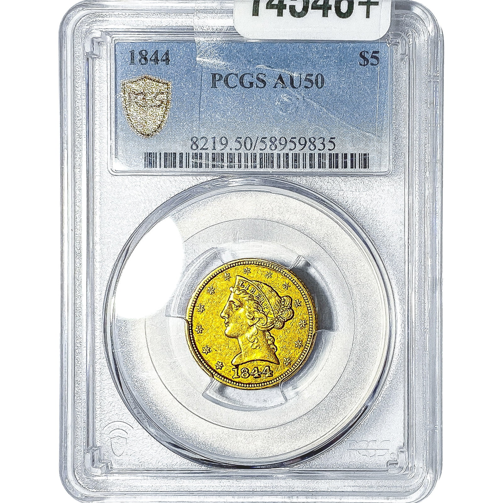 1844 $5 Gold Half Eagle PCGS AU50: 1844 $5 Gold Half Eagle PCGS AU50