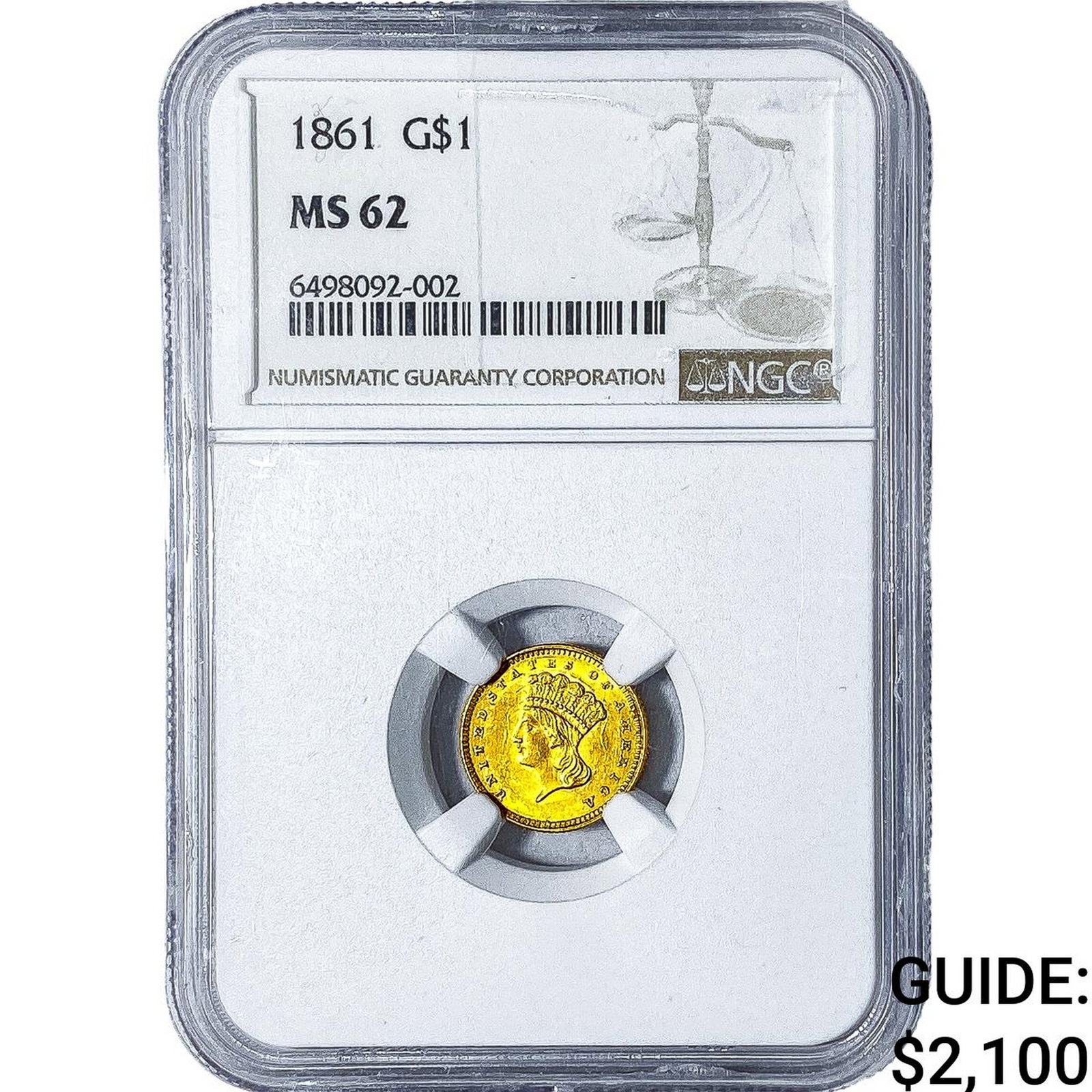 1861 Rare Gold Dollar NGC MS62: 1861 Rare Gold Dollar NGC MS62